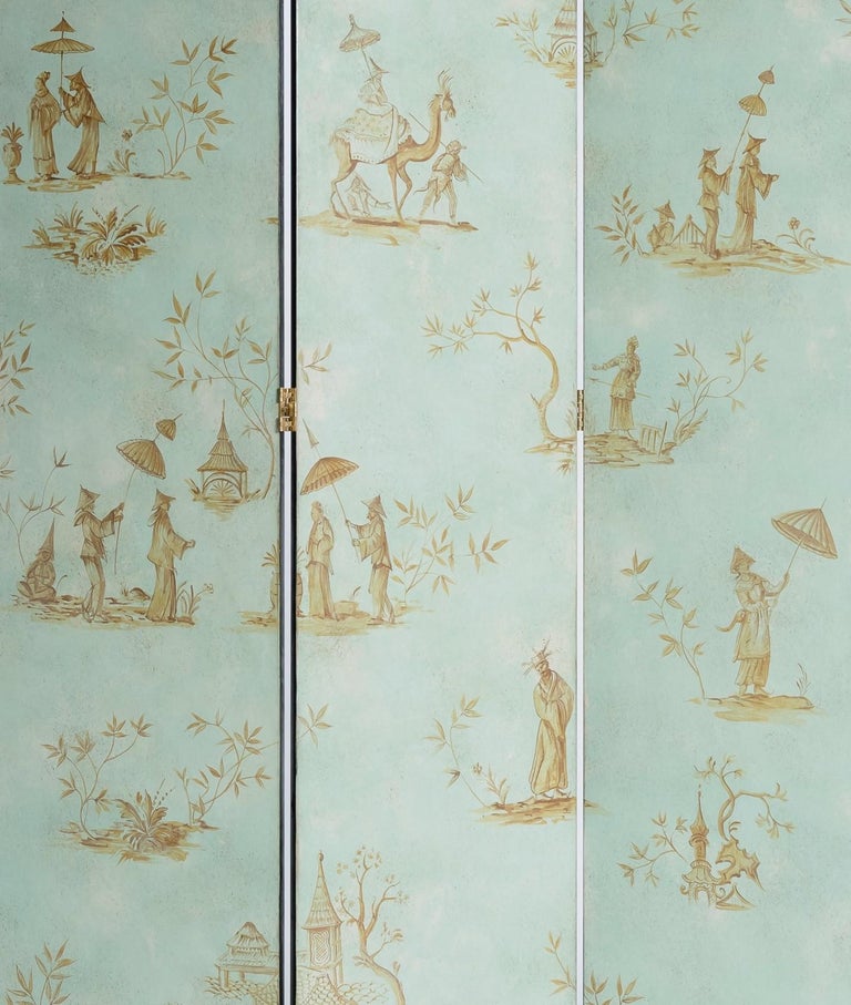 Italian 18th Century Hand-Painted Venetian Style Aquamarine 3-Panels Otello Screen For Sale