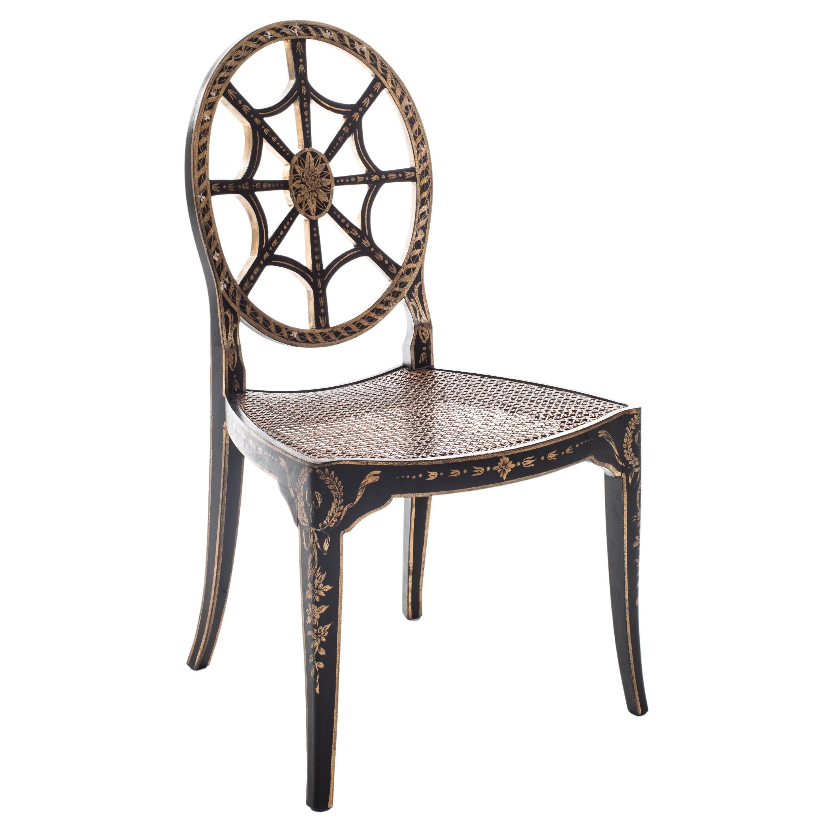 18th Century Hand-Painted Venetian Black Aquileia Dining Chair with Cane Seat