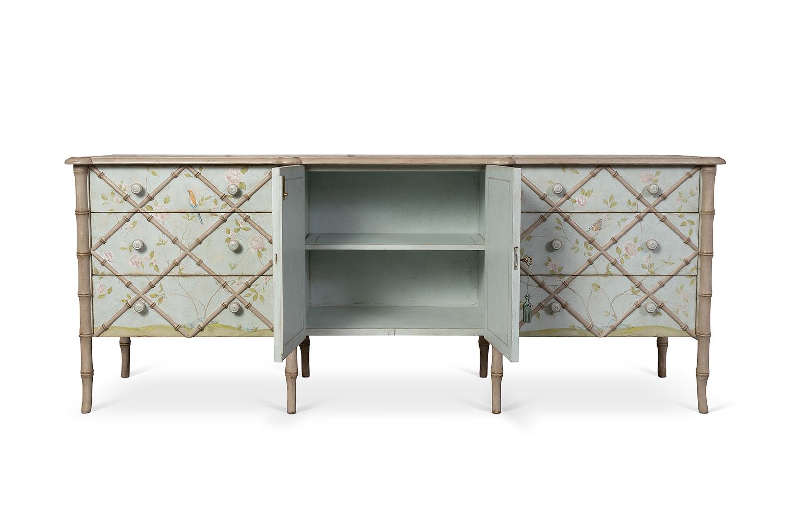 From our hand painted Furniture Collection, we are pleased to introduce you to our Azur Fiesole Console with Bamboo edges. 
This eclectic piece will bring just the right amount of whimsy to your room, together with the reassurance of a Venatian