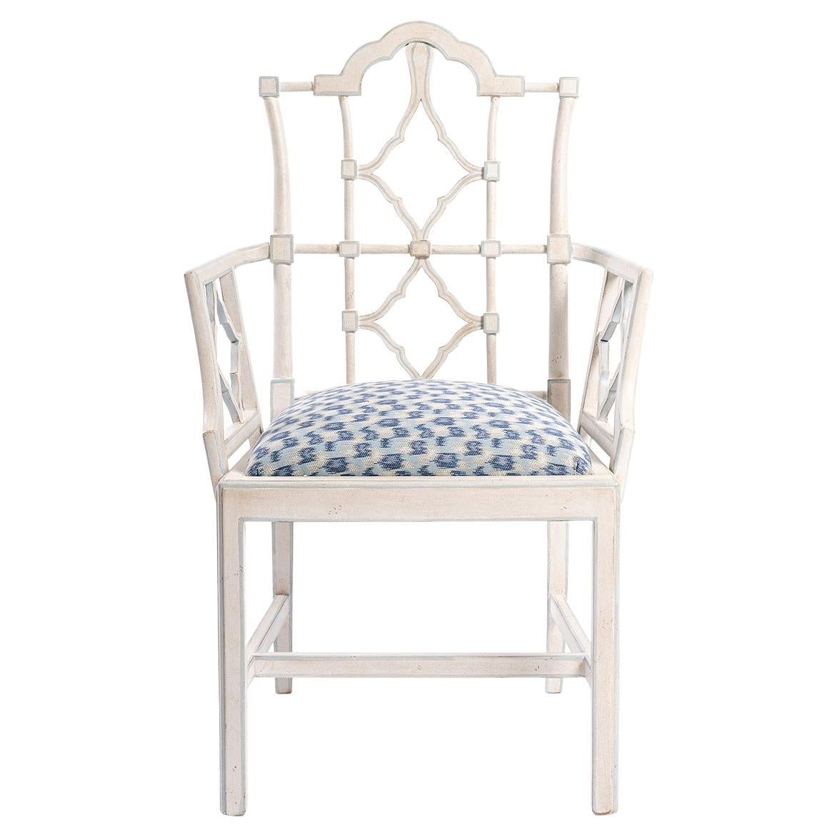 18th Century Hand-Painted Venetian White Faenza Dining Armchair blue cushion For Sale