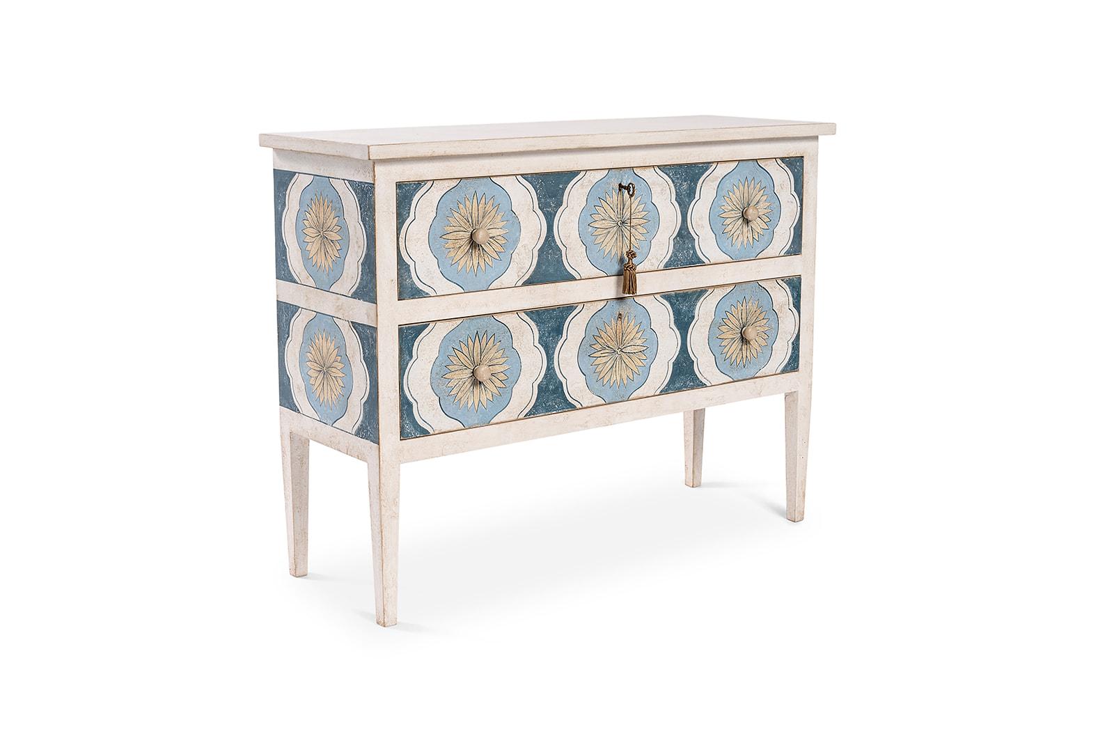 From our hand painted Furniture Collection, we are pleased to introduce you to our Deep Sea Blue Barberini Chest with Drawers.
In a Deep Sea Blue color background with our sunflower decor in captivating white and ochre tones, this version of our