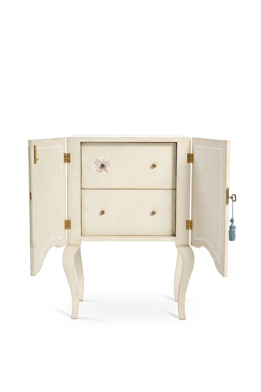From our Hand-Painted Furniture Collection, we are pleased to introduce you to our Brenta Nightstand with inside drawers. 
A beautiful Venetian nightstand remodeled with a fresh design given by a light dove main color and a pattern of beautiful