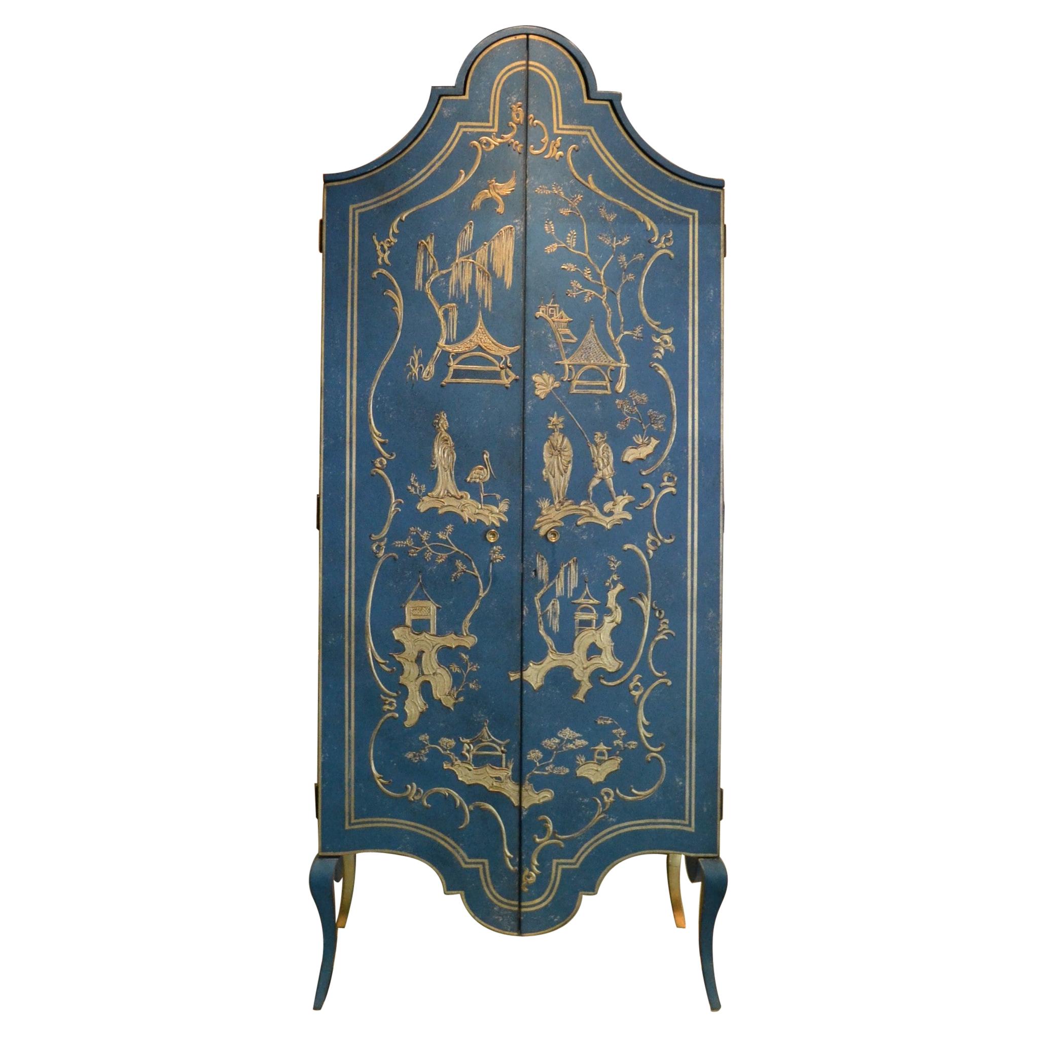 18th Century Hand-Painted Venetian Style Deep Blue & Chinoiserie Tevere Armoire For Sale