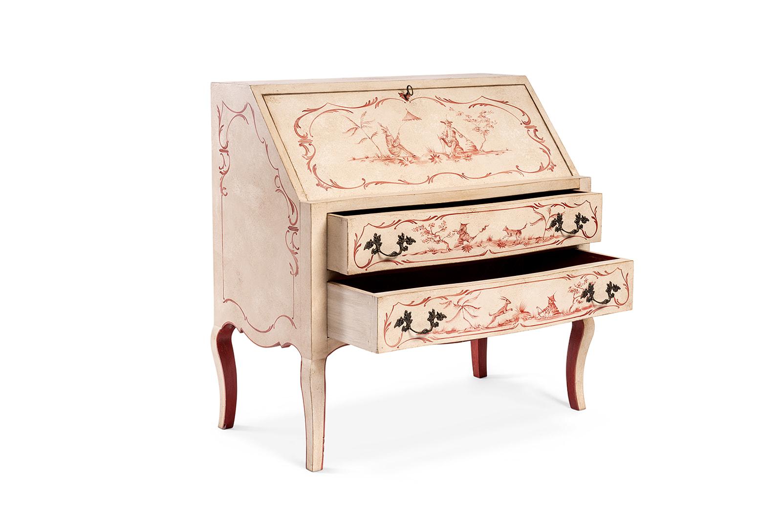Italian 18th Century Hand-Painted Venetian Style Doge Bureau with Red Chinoiserie For Sale