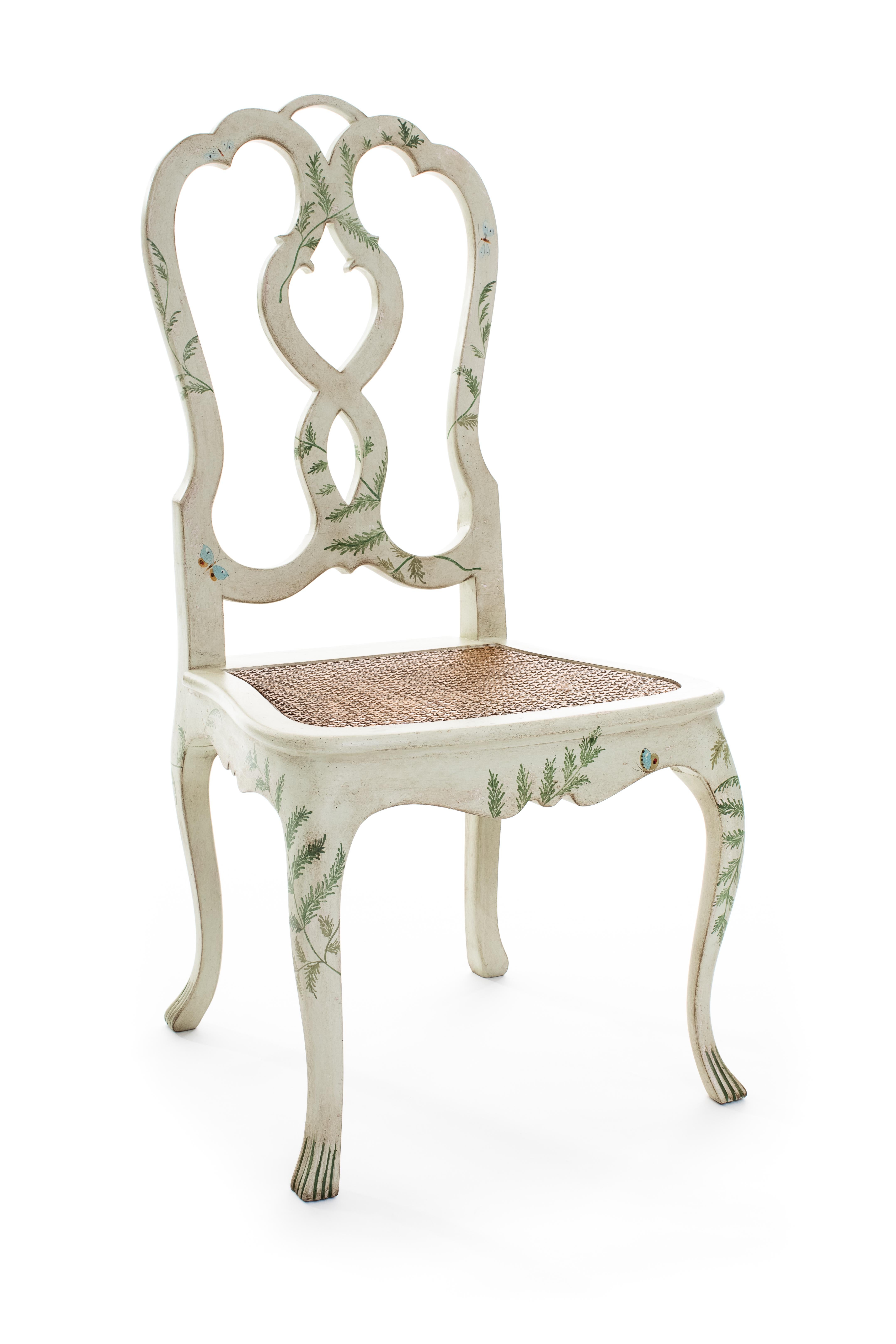 From our Hand-Painted Furniture Collection, we are pleased to introduce you to our dove cane corte chair with ferns decors and little butterflies.
Each piece from our Collections is entirely hand-painted on every side of the Furniture by using the