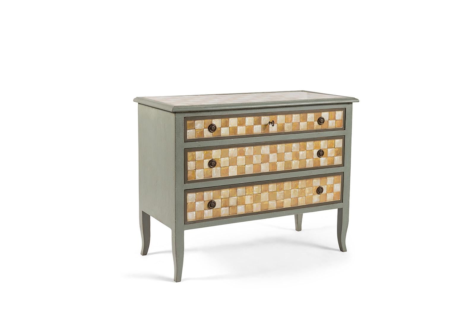 From our Hand-Painted Furniture Collection, we are pleased to introduce you to our Fiesole Chest with our new faux Tiles Decor. 
Italian ceramic tiles date back many centuries and can be found in cathedrals and villas to this day. Struck by their