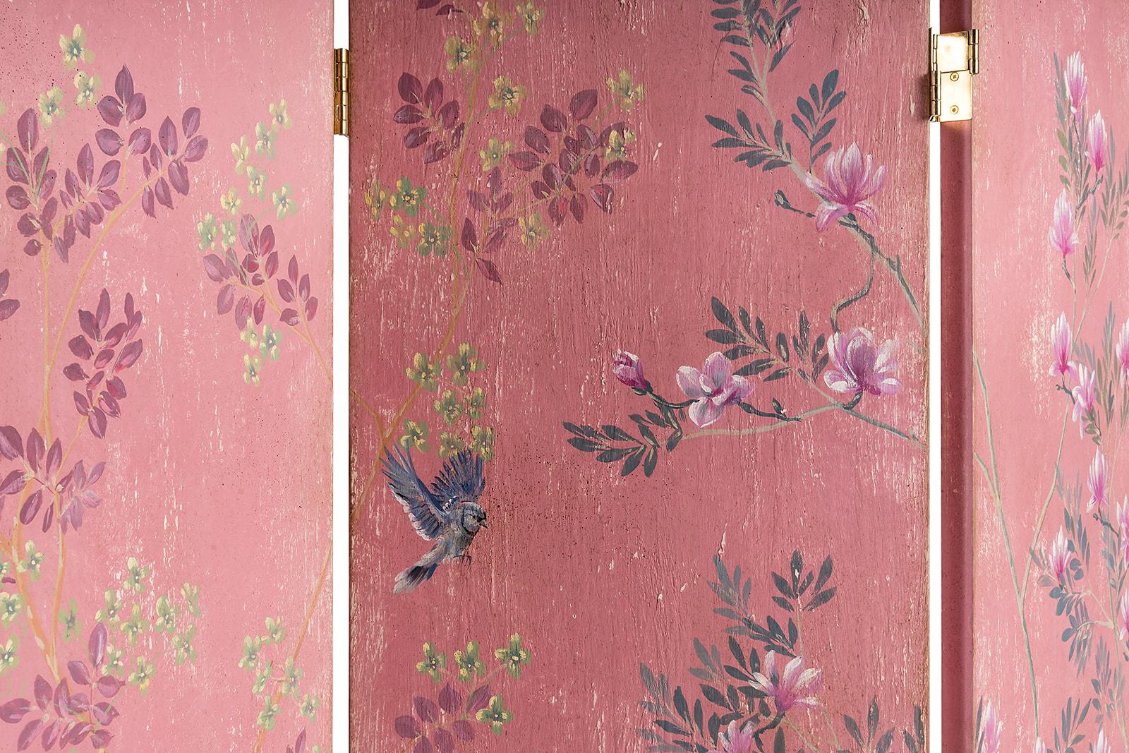 From our Hand-Painted Furniture Collection, we are pleased to introduce you to our Fuchsia Otello Screen. 
Nature has always been a source of inspiration for our hand-decorated furnishings. We aspire to capture its grace and lightness, with our