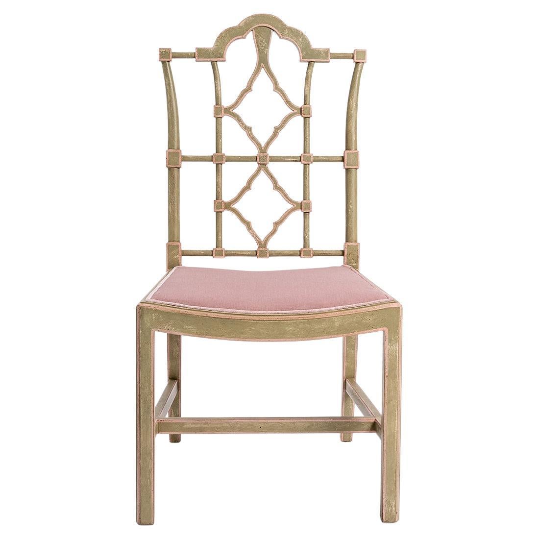 Chaise de salle à manger en bois de hêtre vert vénitien peinte à la main du 18ème siècle, rose en vente