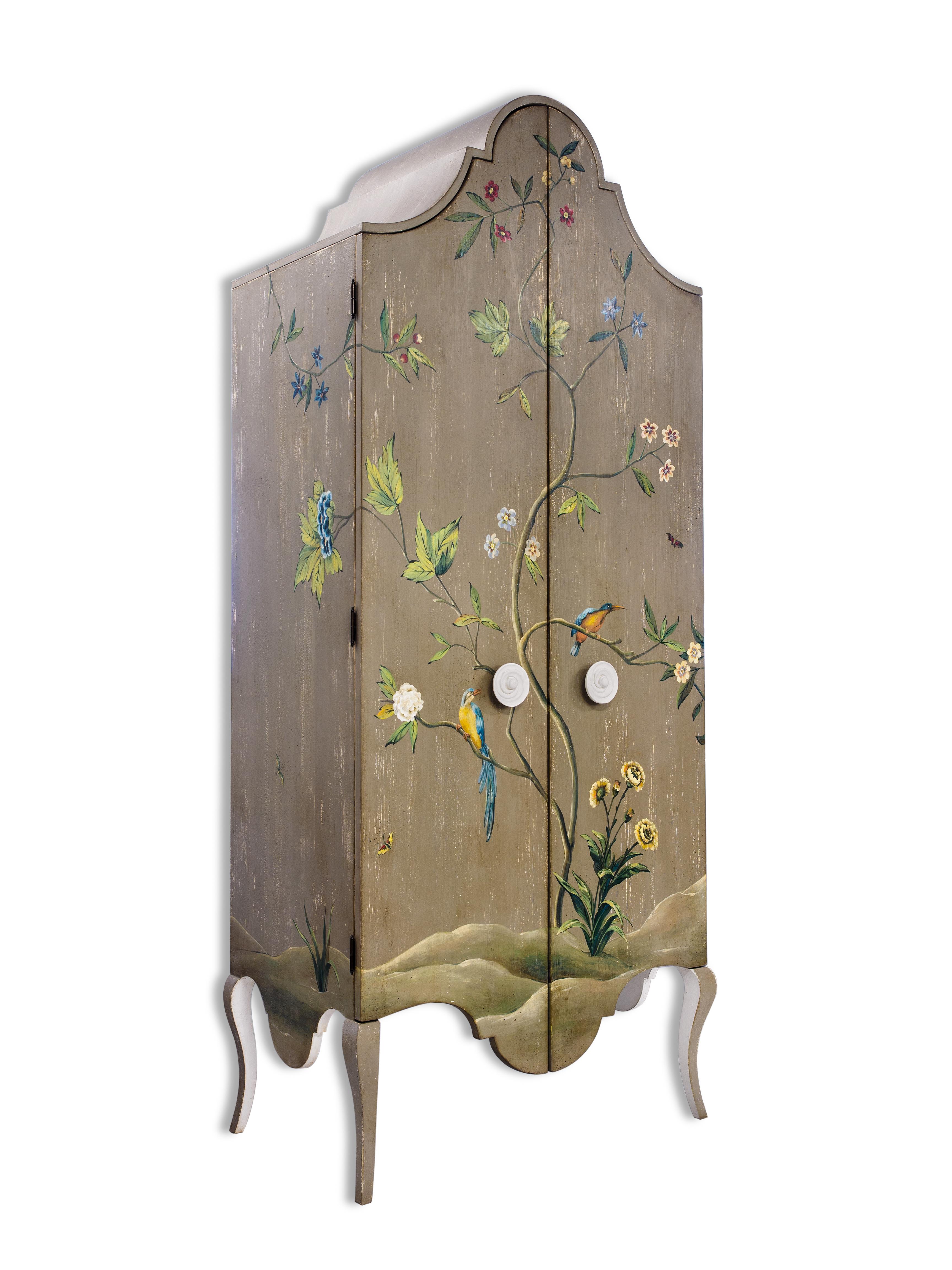 From our Hand-Painted Furniture Collection, we are pleased to introduce you to our Tevere armoire in grey with a full foliage decor. 
The entire facade of this spectacular Armoire becomes an amazing canvas opportunity to hand-decorate a full