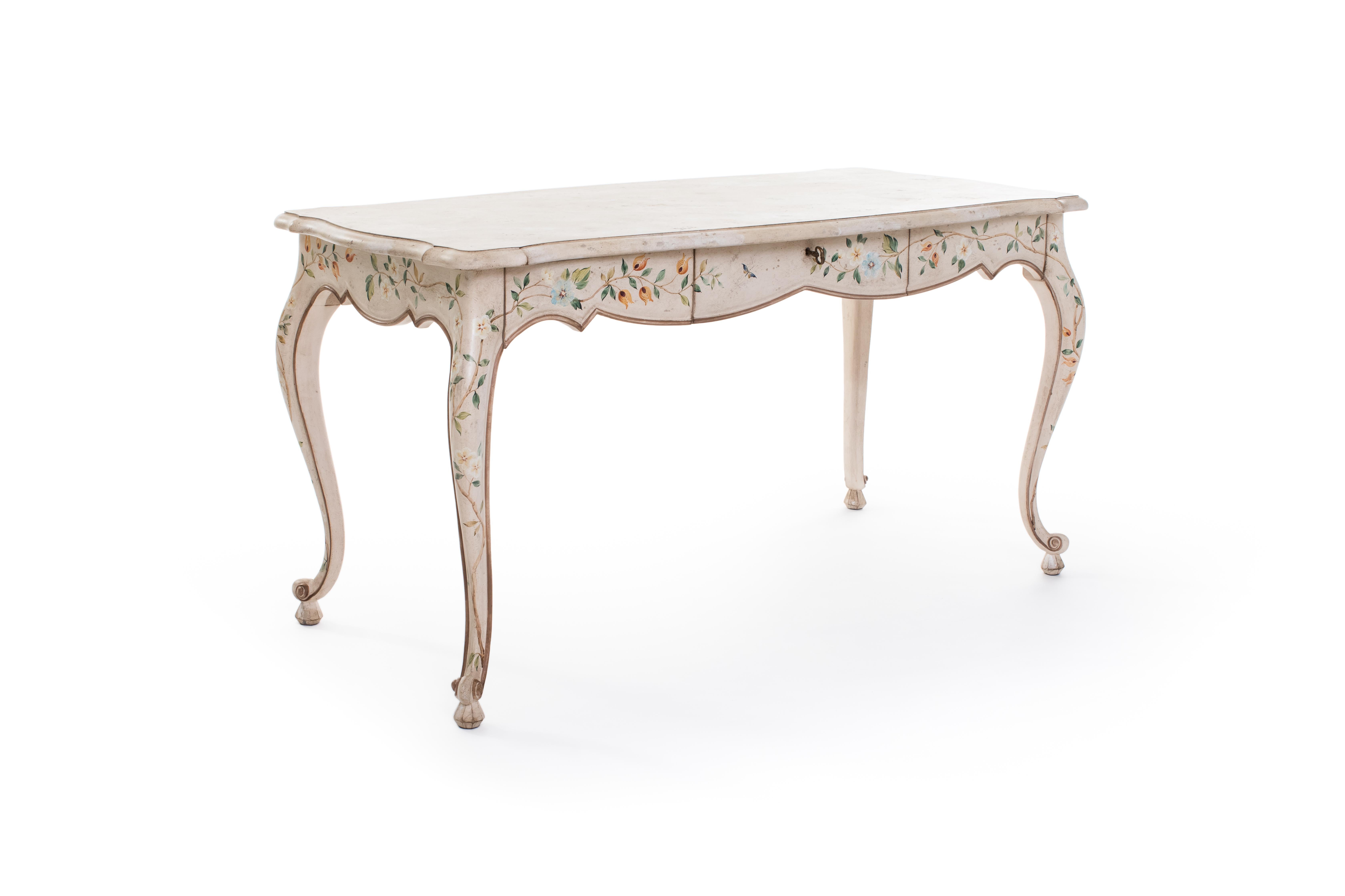 From our Hand-Painted Furniture Collection, we are pleased to introduce you to our ivory stra table with hand-painted little flowers decors.
This beautiful creation can be used both as desk table and vanity, adding a triple mirror.
The little