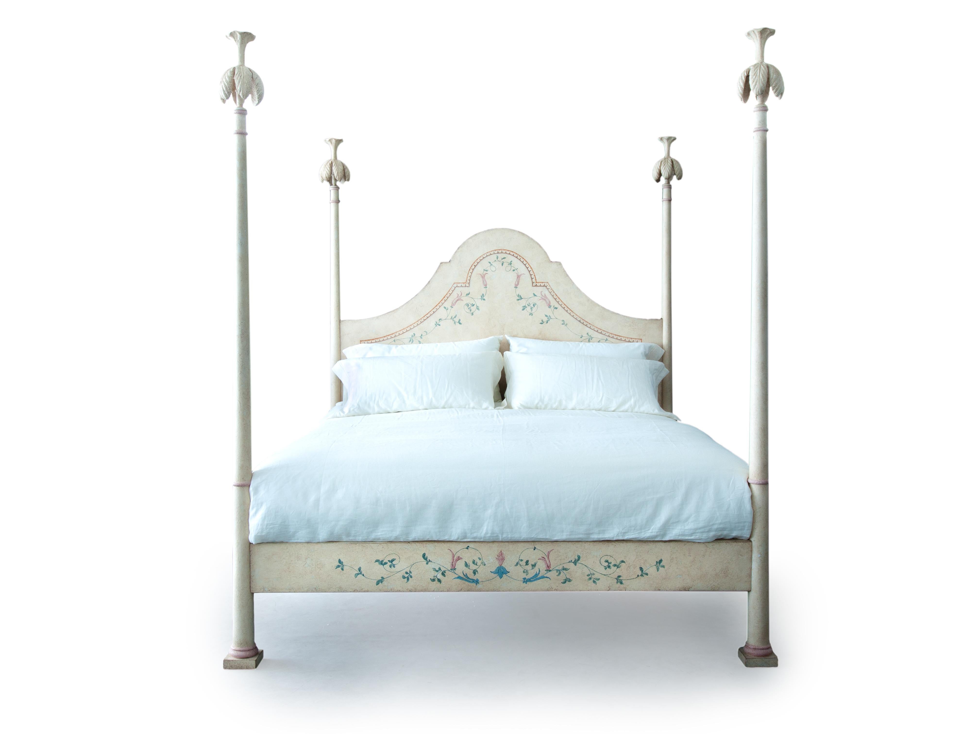 Our ivory hand-painted roma bed, full posts with lotus finials.
From our Hand-Painted Furniture Collection, our ivory Roma bed is surely one of our Best-Seller Pieces. Its high Headboard is like a canvas, gracefully hand-Painted with 18th Century