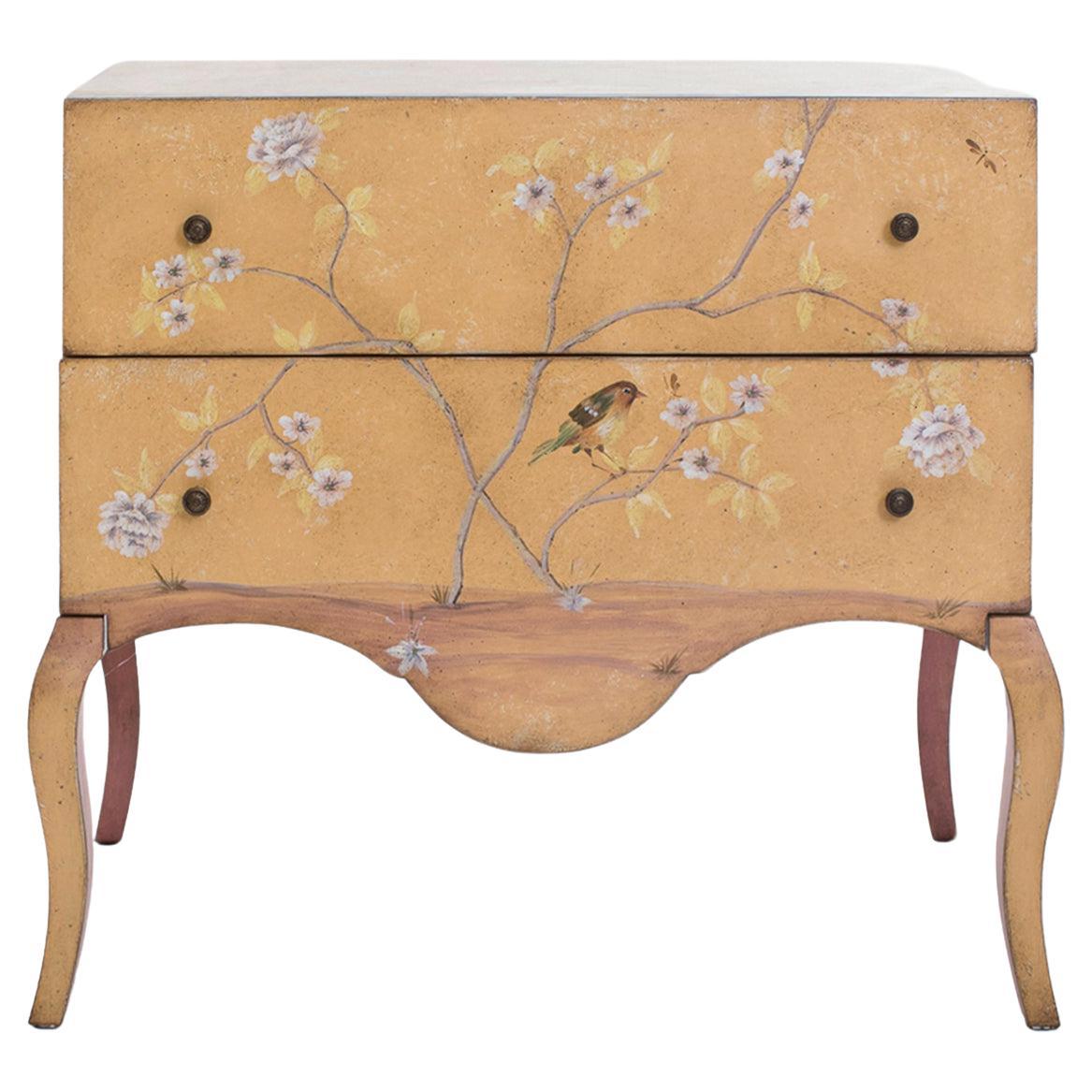 18th Century Hand-Painted Venetian Style Large Ochre Brenta Nightstand with bird For Sale