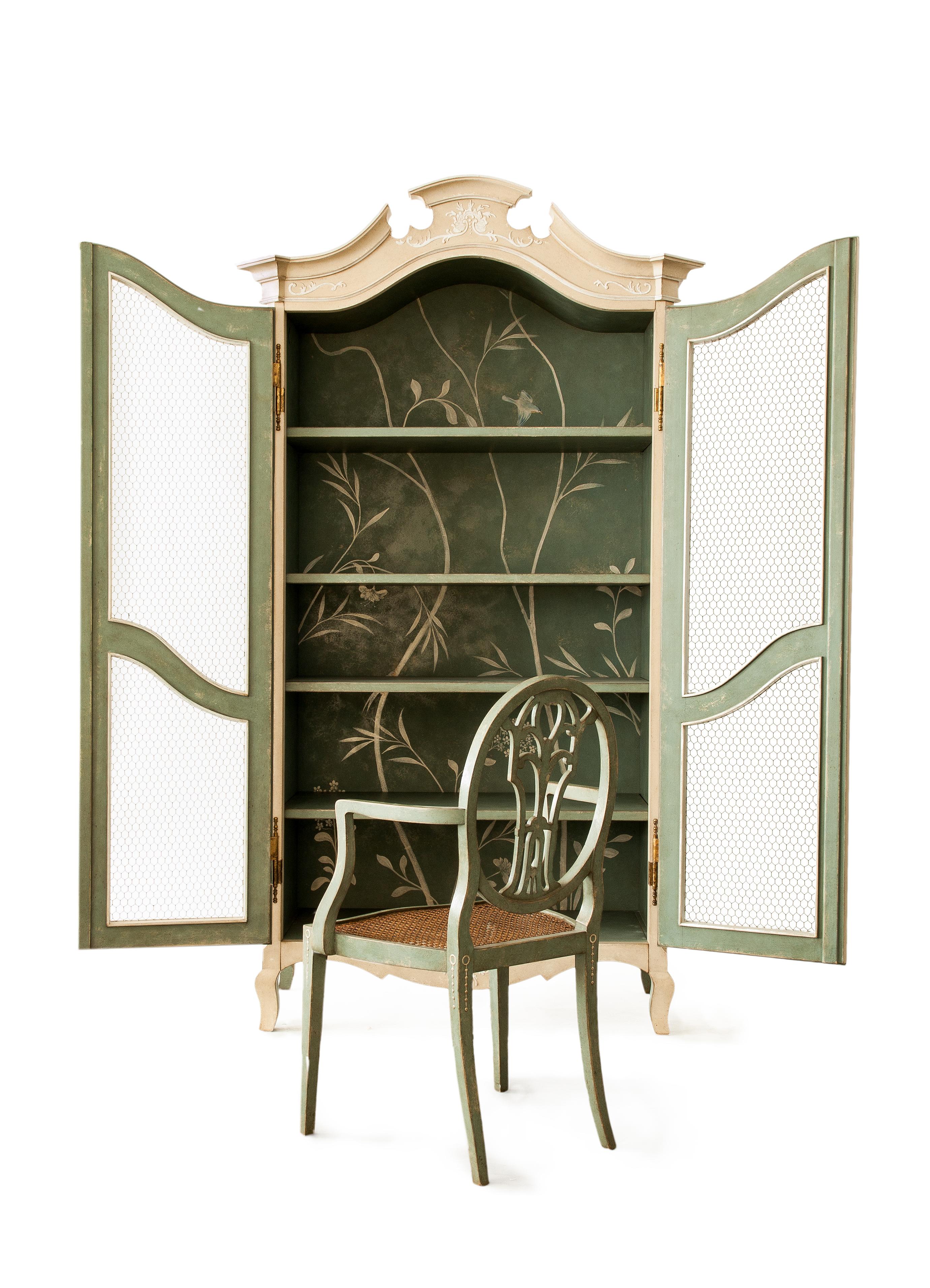 Wood 18th Century Hand-Painted Venetian Style Light Taupe & Green Padua Armoire For Sale