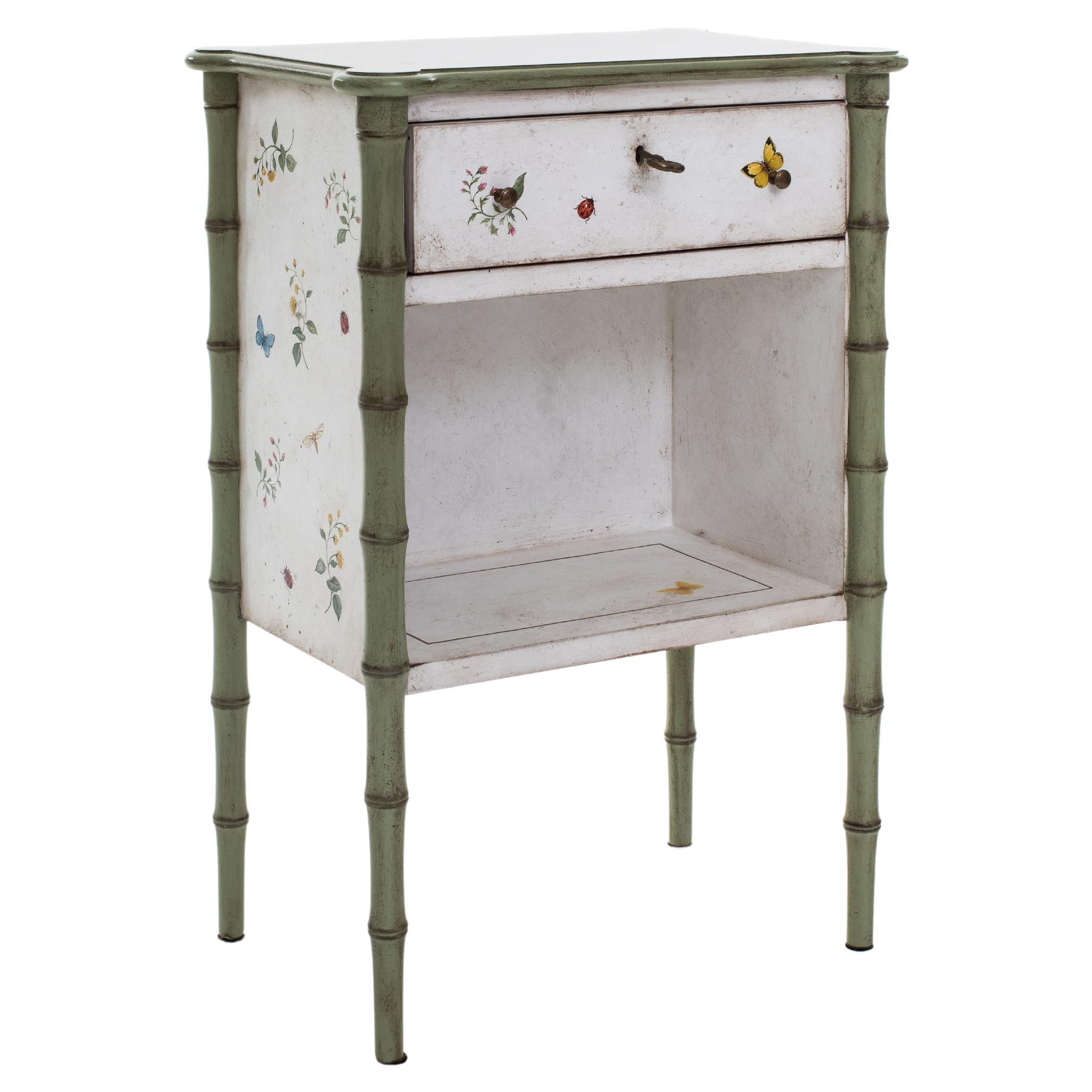 18th Century Hand-Painted Venetian Style Lombardia Bamboo nightstand with shelf For Sale