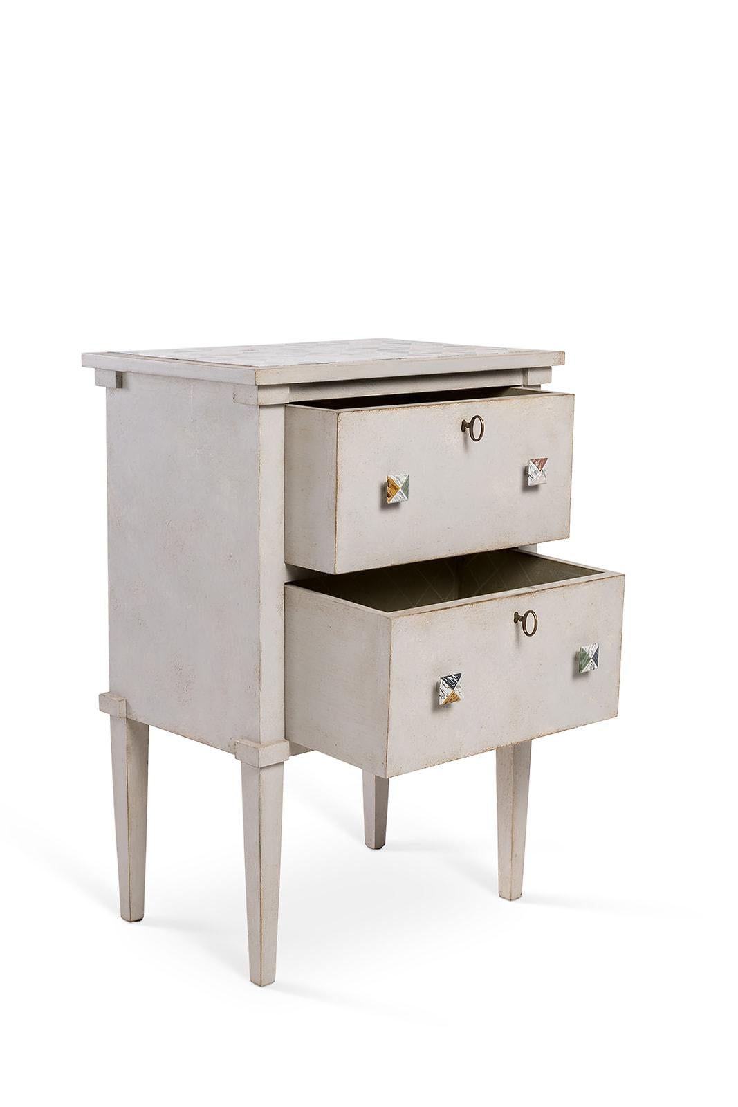 Contemporary 18th Century Hand-Painted Venetian Style Lombardia nightstand in colorful marble For Sale