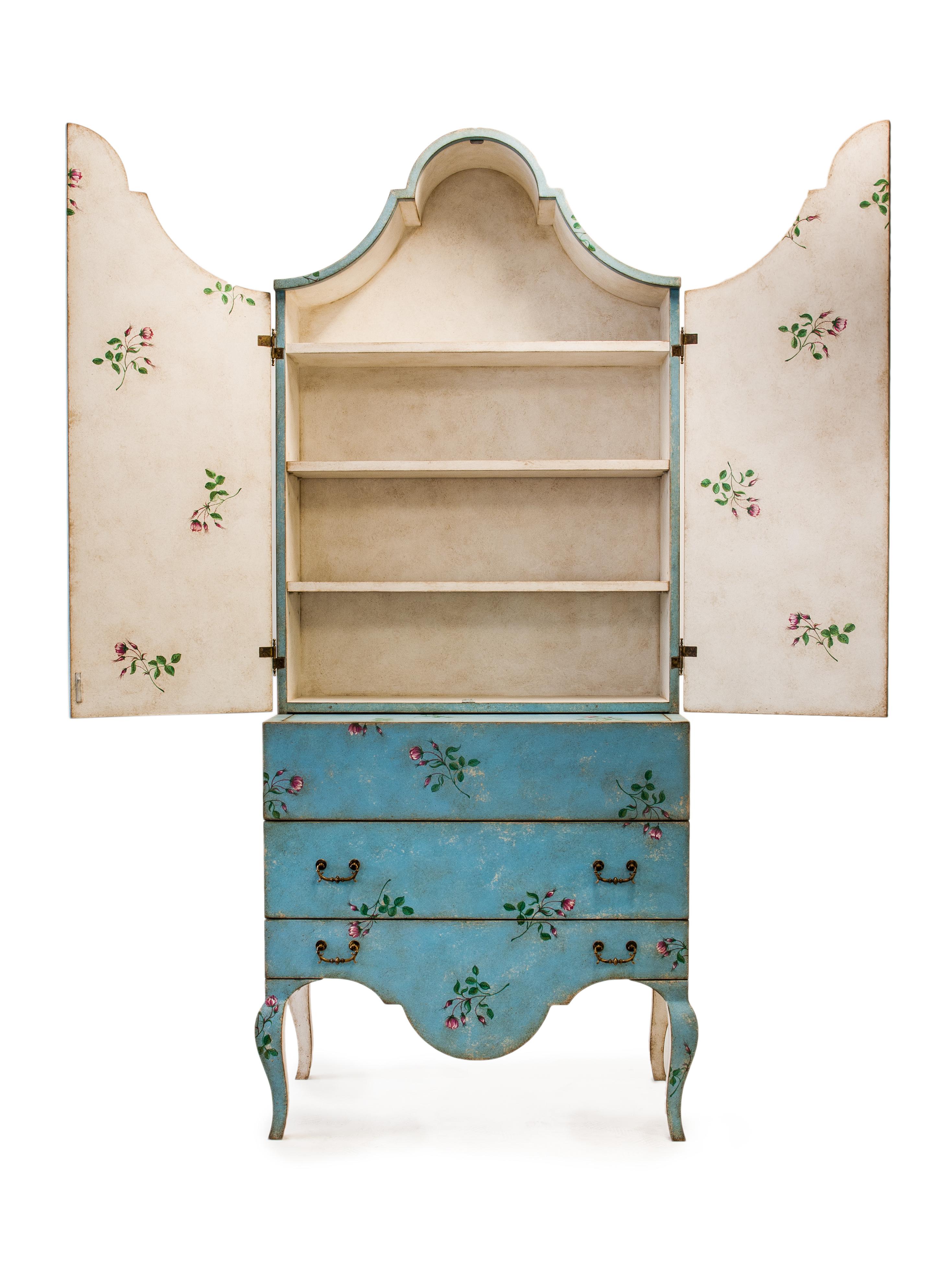 From our Hand-Painted Furniture Collection, we are pleased to introduce you to our Parma Blue Pesaro Secretary with Roses.
We love how the choice of sweet curves and pastello colors can turn this secretary into a lovely add to any living area or