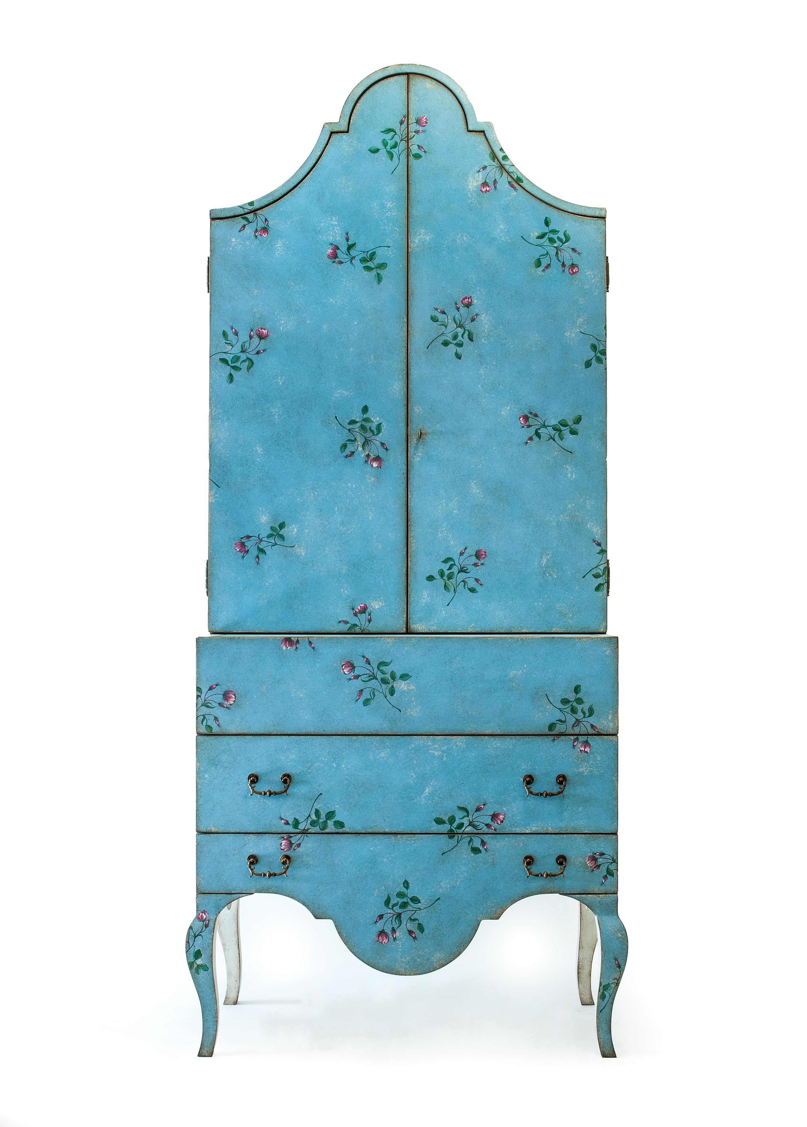 Wood 18th Century Hand-Painted Venetian Style Parma Blue Pesaro Secretary with roses For Sale
