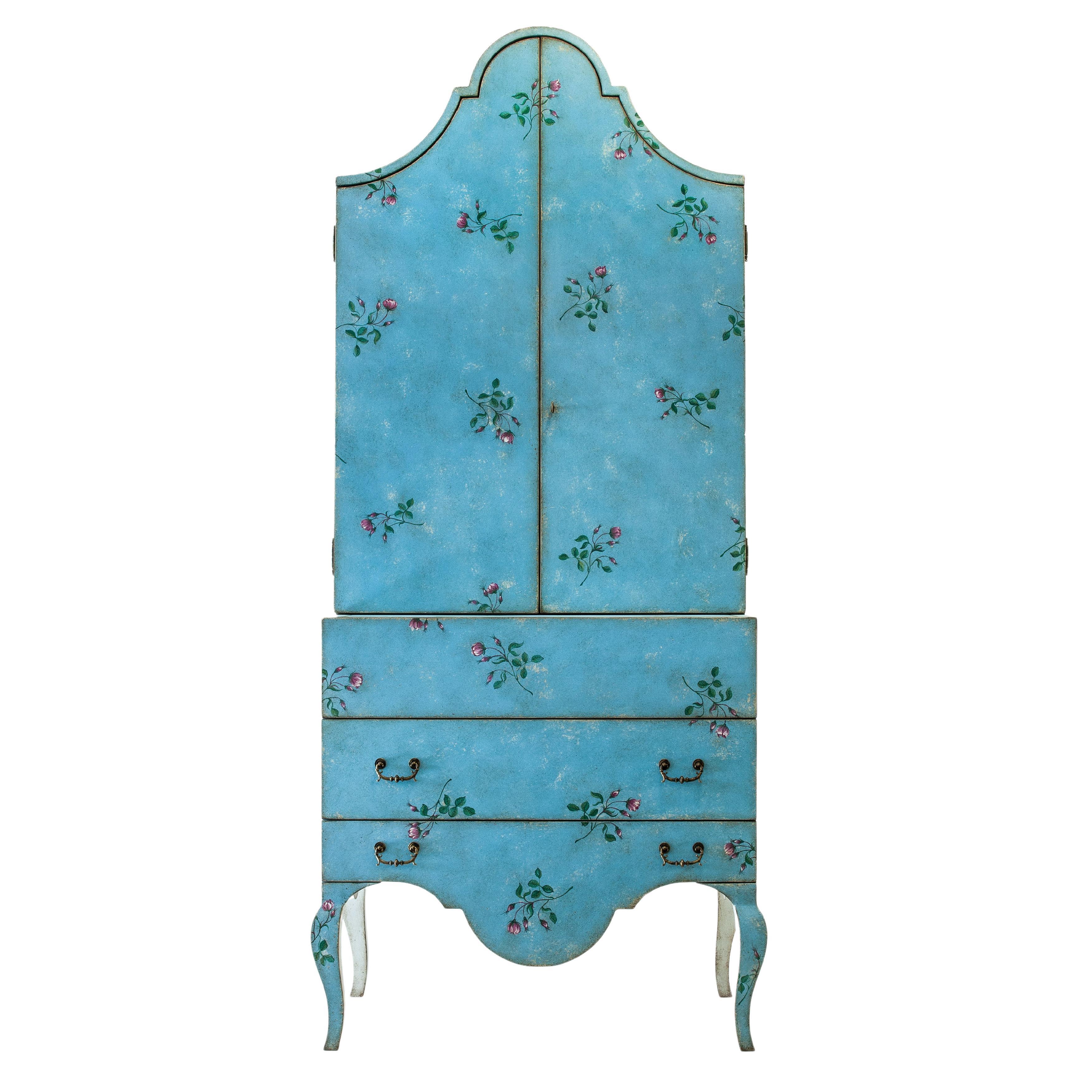 18th Century Hand-Painted Venetian Style Parma Blue Pesaro Secretary with roses For Sale