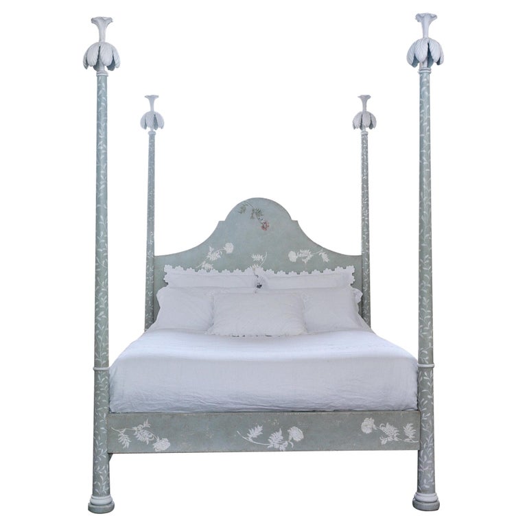 18th Century Hand-Painted Venetian Style Queen Size Blue Roma Bed For Sale