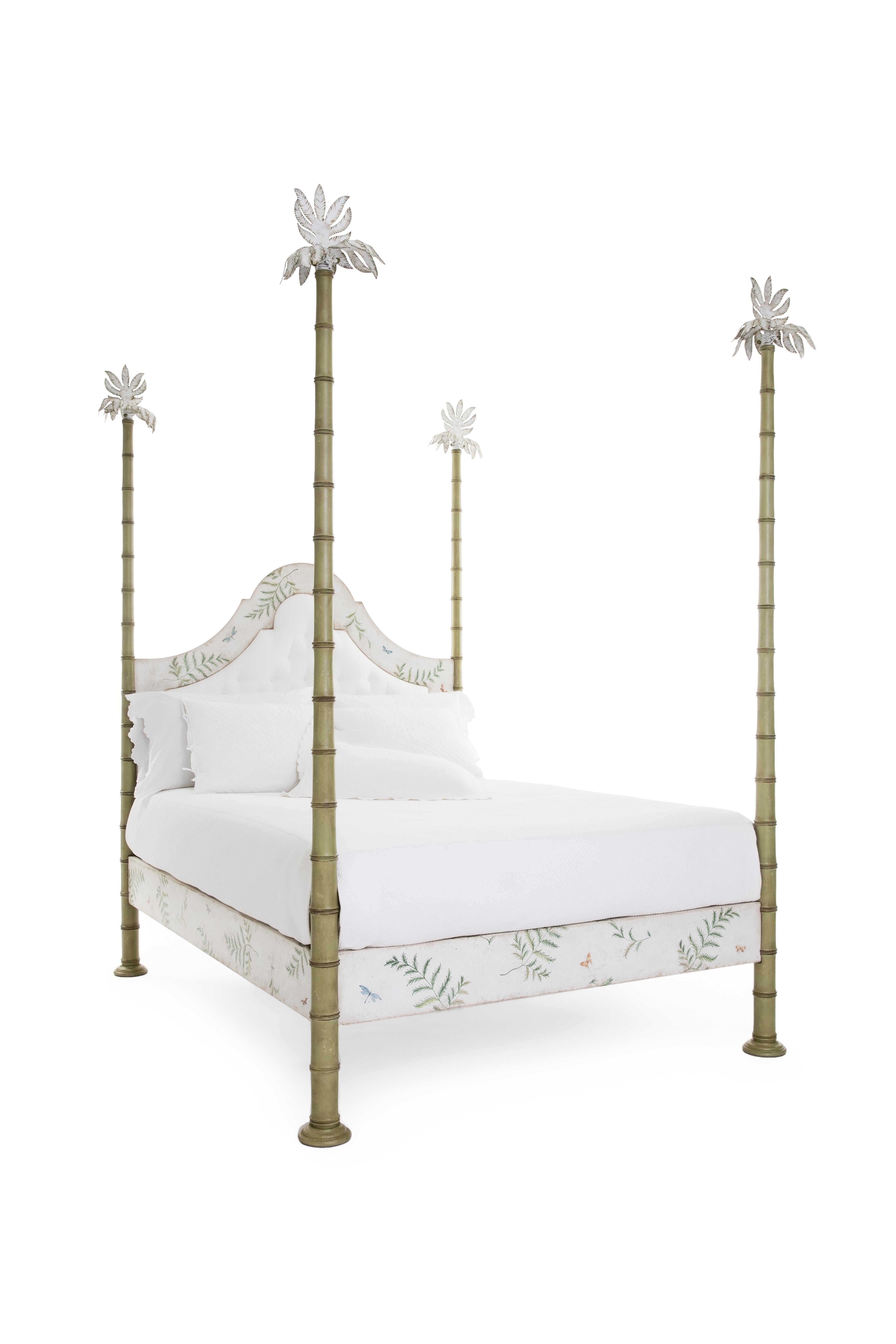 We are pleased to introduce you to our Bamboo Roma Bed with iron palm finials. 
This beautiful bed is finished with olive green bamboo that match the ferns decors on the frame. 
The decor is completed with colorful butterflies that fly upon the