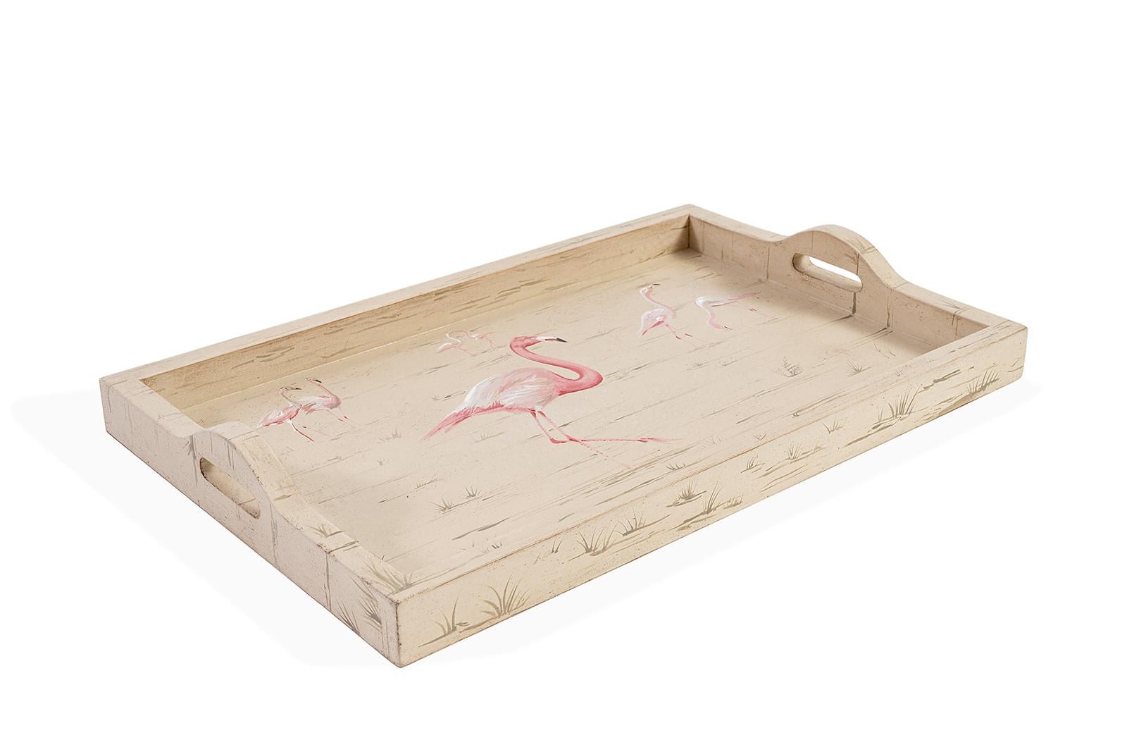 Handbemaltes venezianisches Rocchetta-Tablett in Taupe mit Flamingos aus dem 18. (Sonstiges) im Angebot