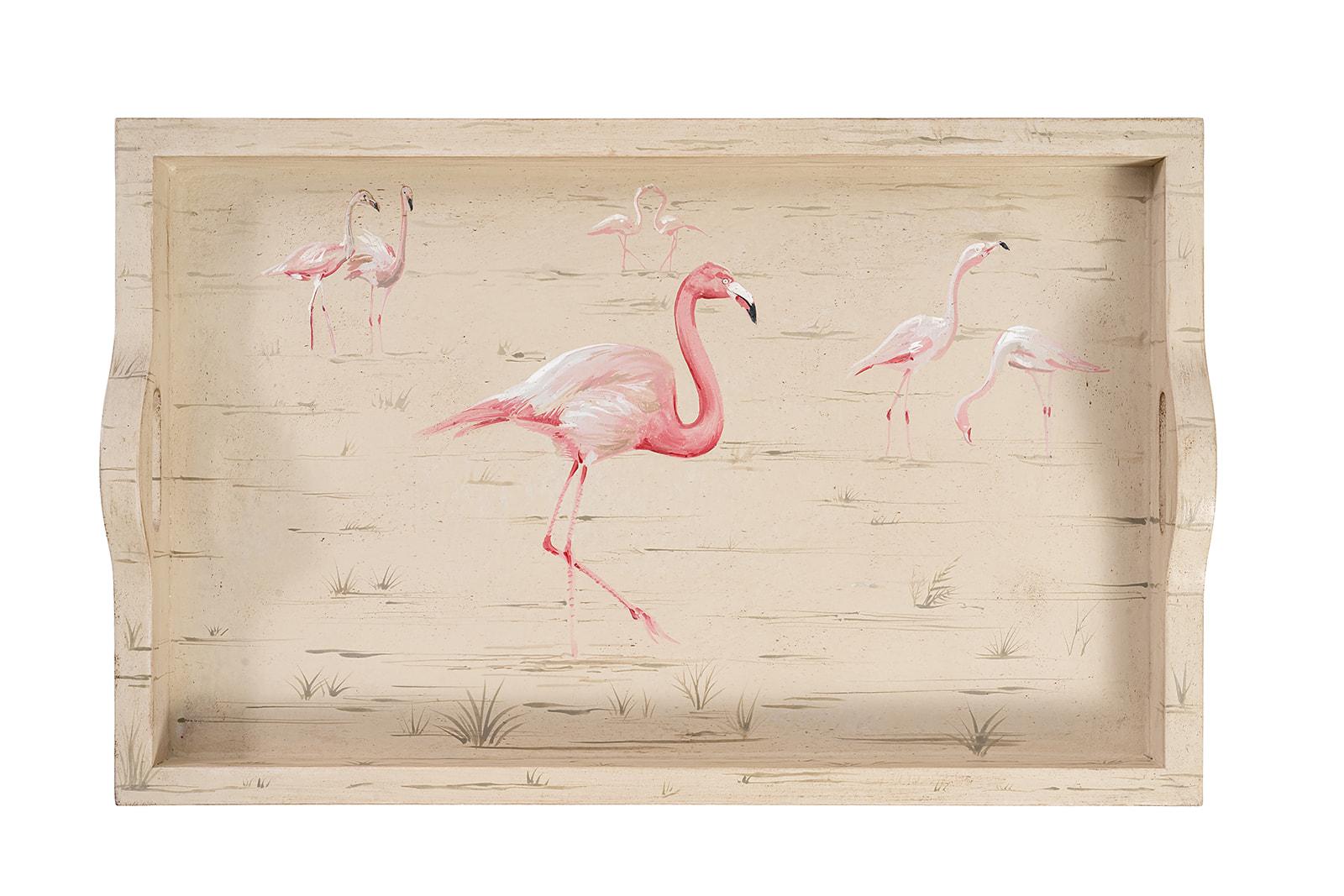 Handbemaltes venezianisches Rocchetta-Tablett in Taupe mit Flamingos aus dem 18. (Italienisch) im Angebot