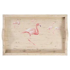 18th Century Hand-Painted Venetian Style Taupe Rocchetta Tray with Flamingos