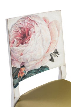 18th Century Hand Painted Venetian White Indigo Dining Chair with English Rose