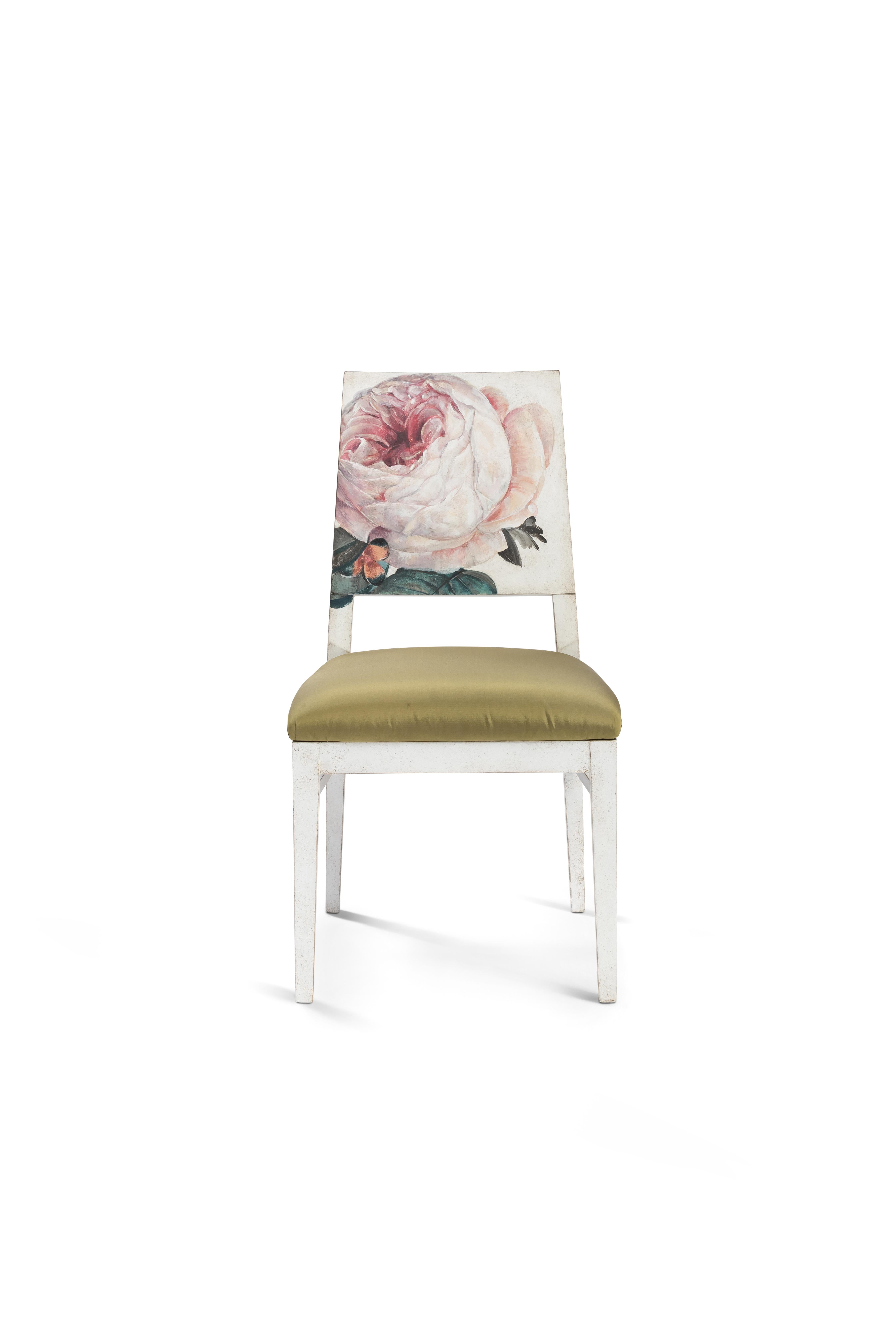 Other 18th Century Hand Painted Venetian White Indigo Dining Chair with English Rose For Sale
