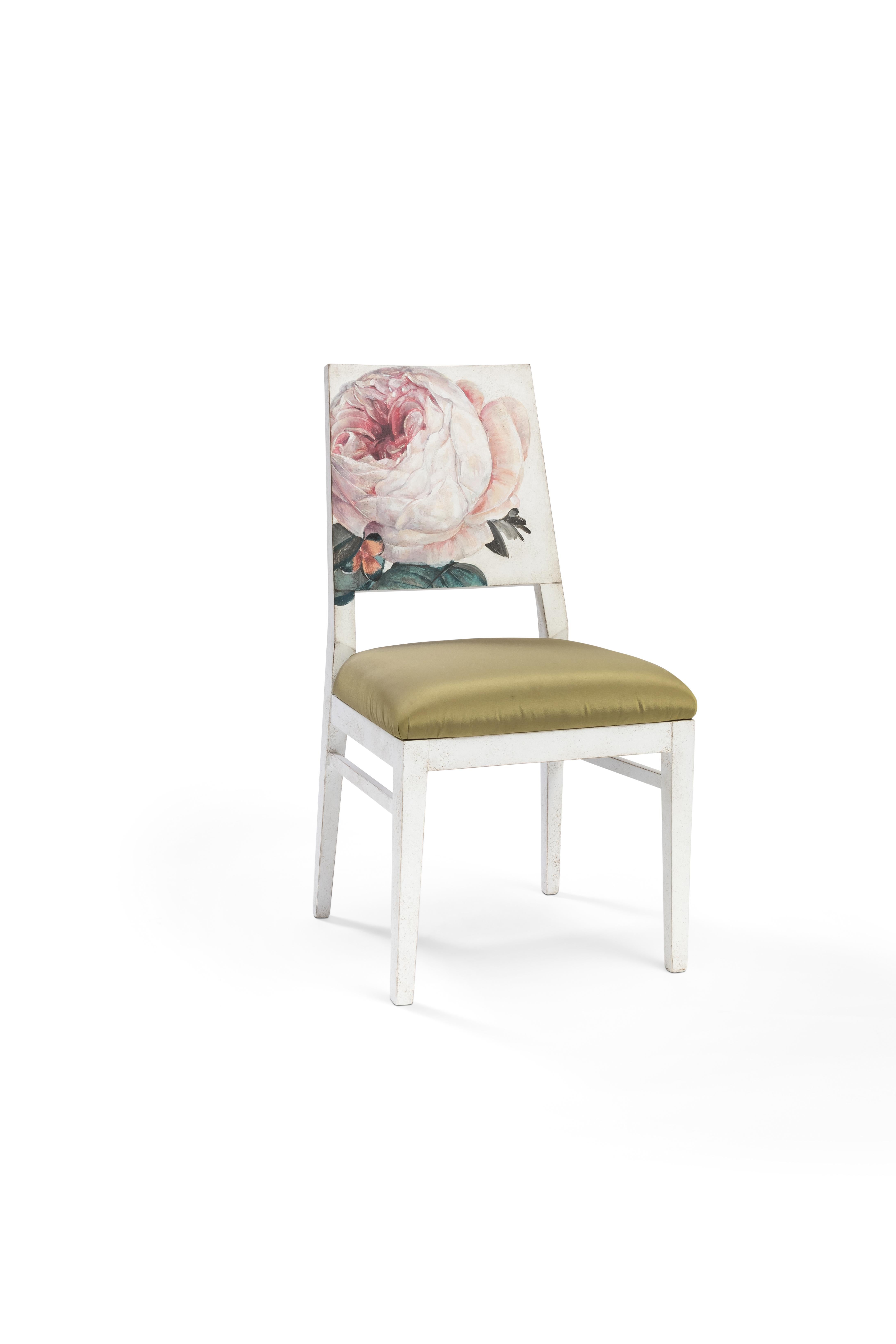 Italian 18th Century Hand Painted Venetian White Indigo Dining Chair with English Rose For Sale