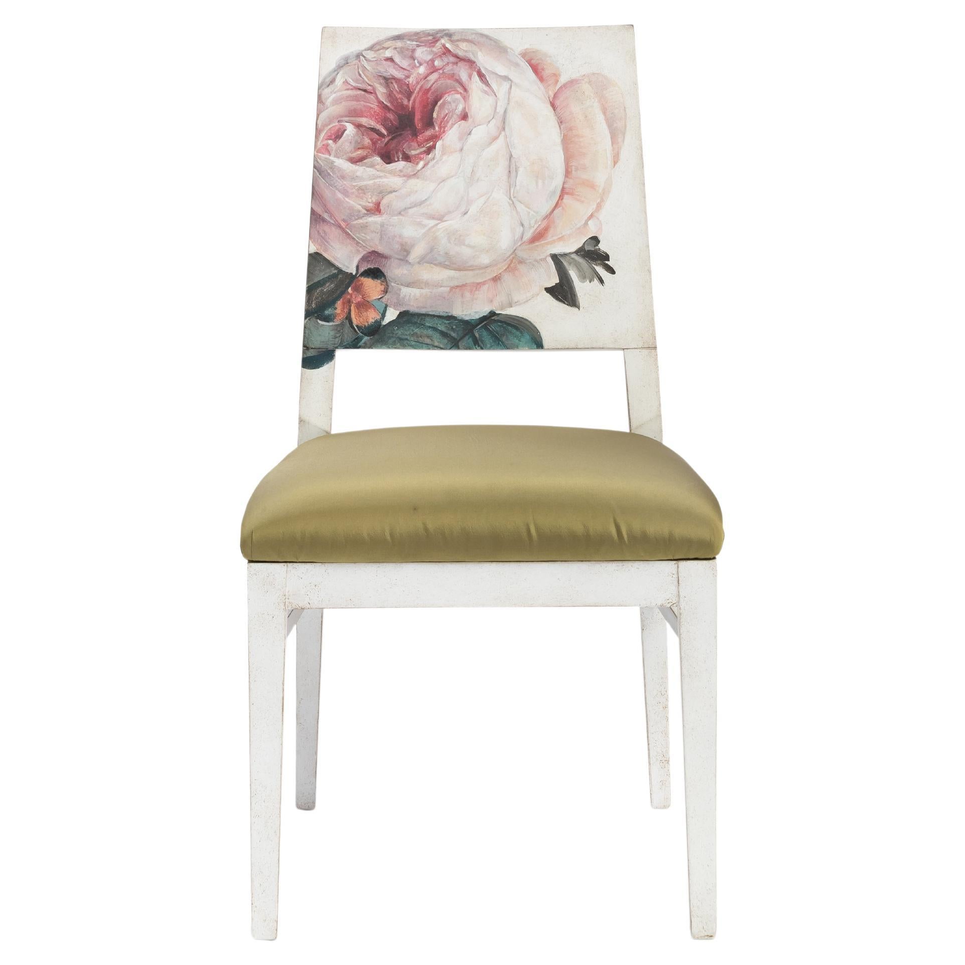 18th Century Hand Painted Venetian White Indigo Dining Chair with English Rose For Sale