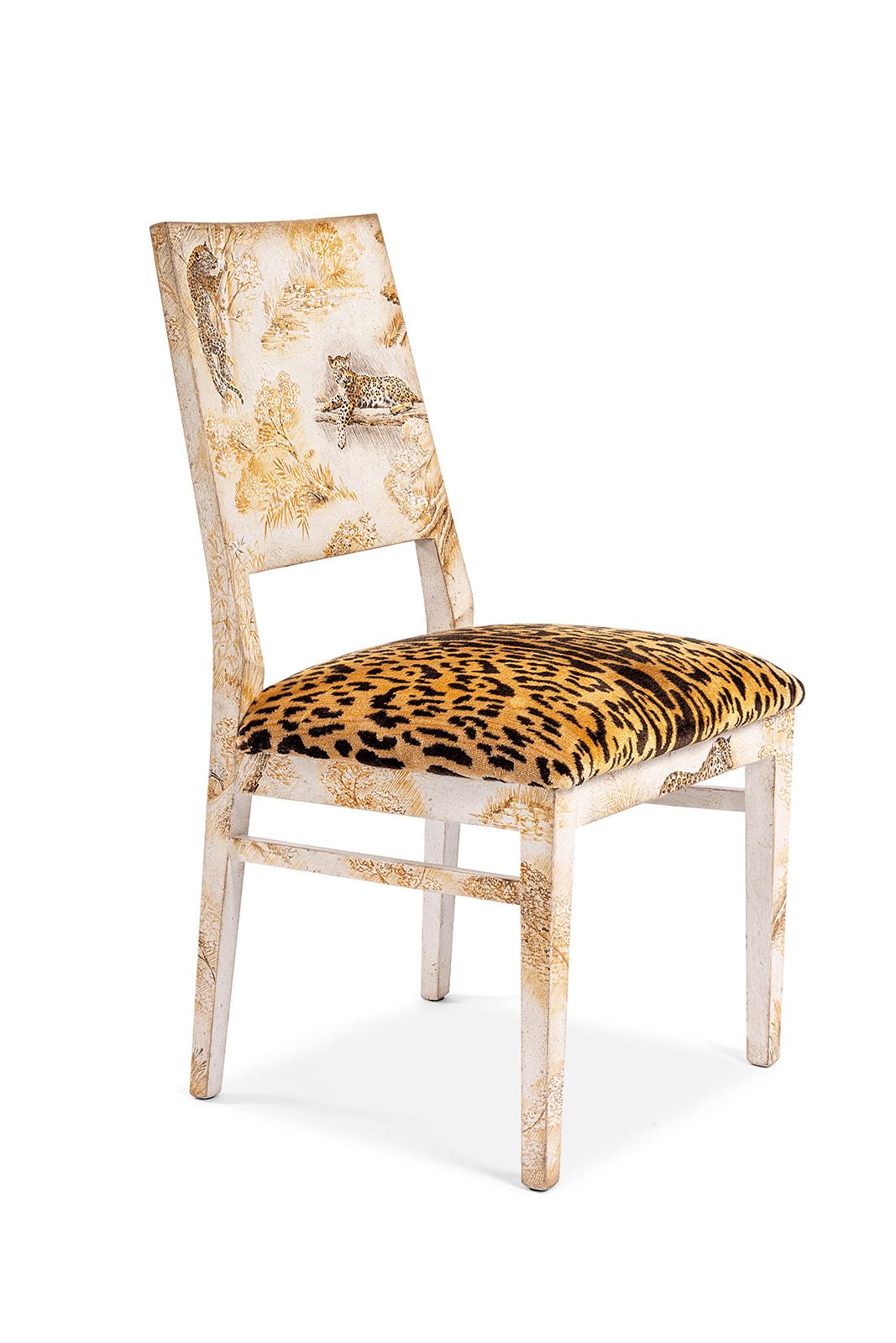 From our hand painted Furniture Collection, we are pleased to introduce you to our Indigo Chair with our wild toile-de-jouy decor in ochre. 
By introducing this chair to our collections, we wanted to give a more contemporary option to our