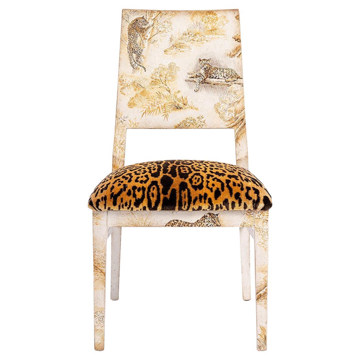 18th Century Hand Painted Venetian White Indigo Dining Chair with Wildlife Decor