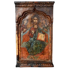 18th Century Hand Painted Wooden Icon Jesus Mary and John