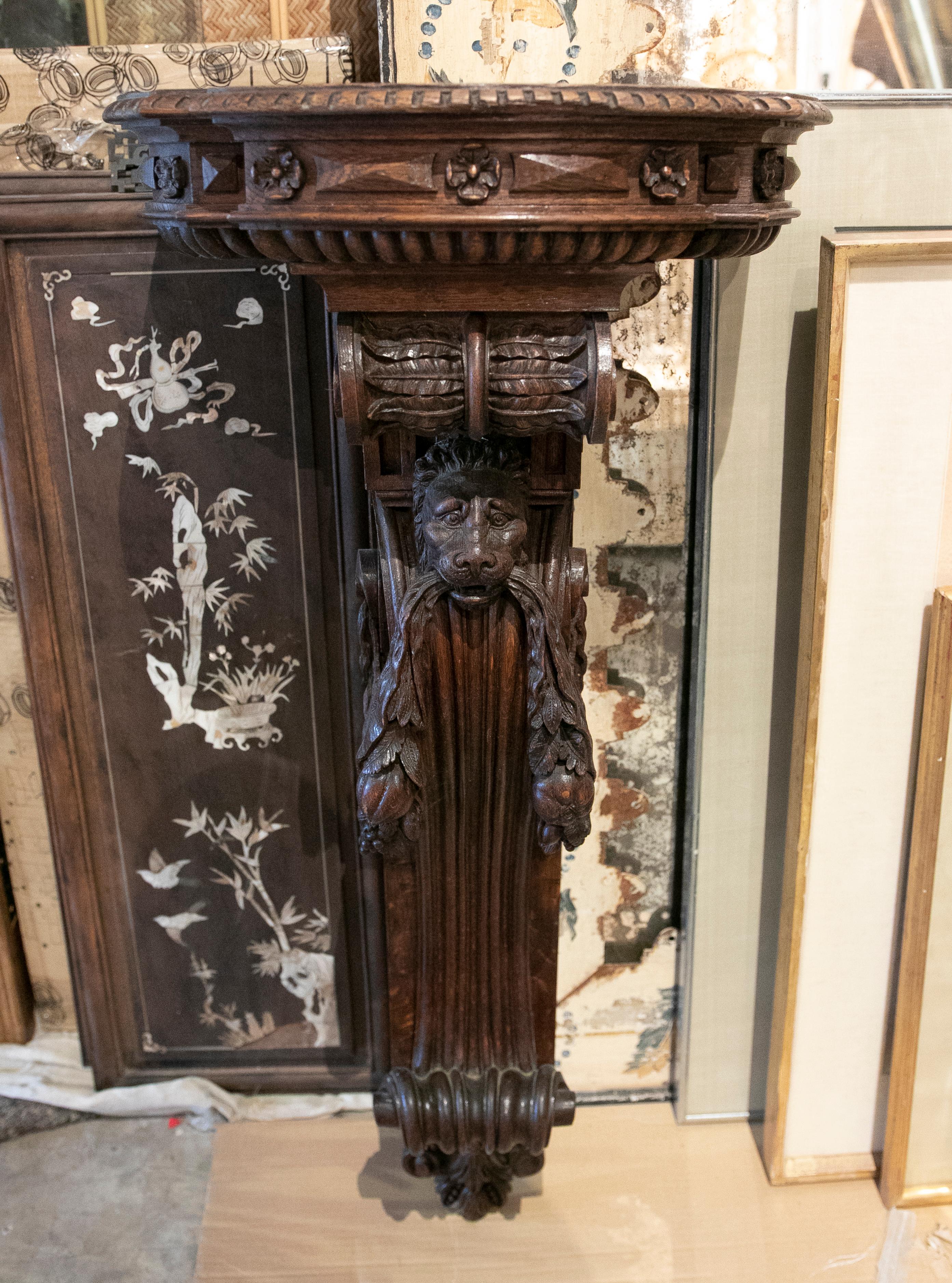 Hand-Carved 18th Century Handcarved Wooden Pedestal with a Lion, Rockwork and Fruits as Deco For Sale