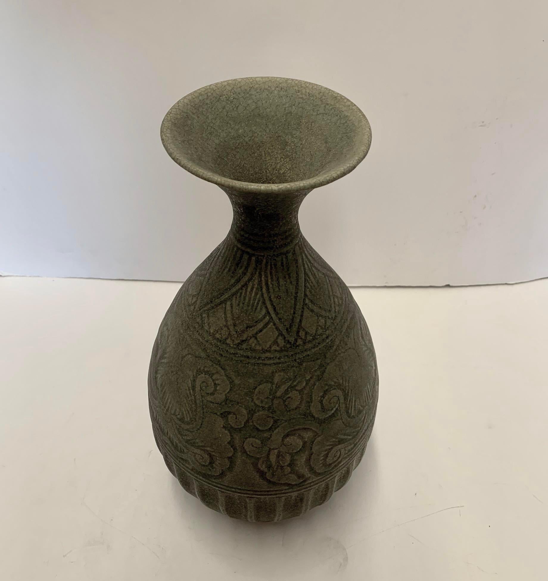 Cambodian 18th Century Handmade Dark Green Vase, Cambodia