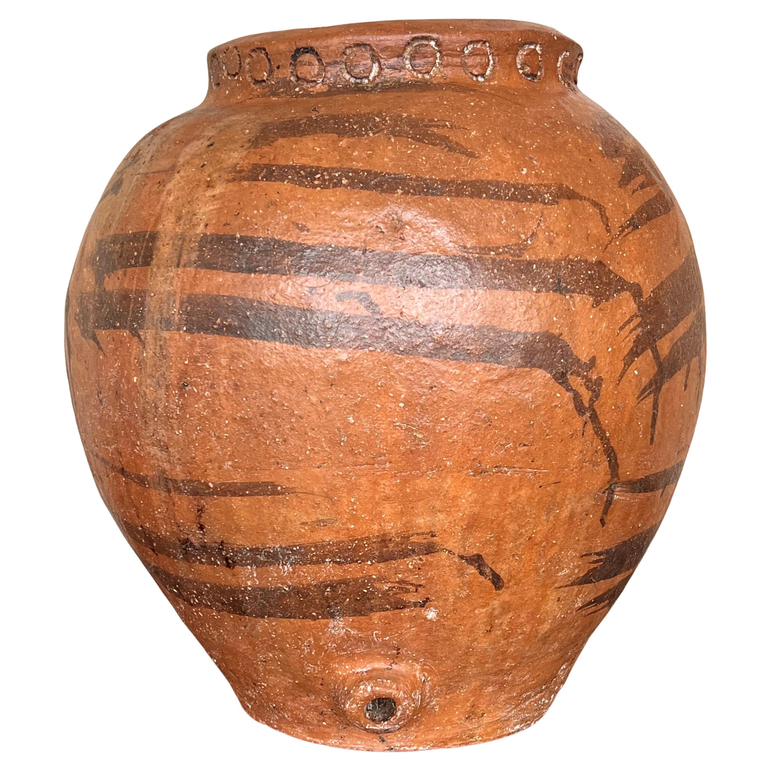 18th Century Handmade Terracotta Olive Jar, Vase with Two Handles, Spain For Sale