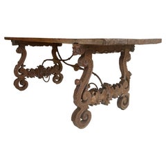Carved Spanish Table with Iron Stretcher, 18th Century