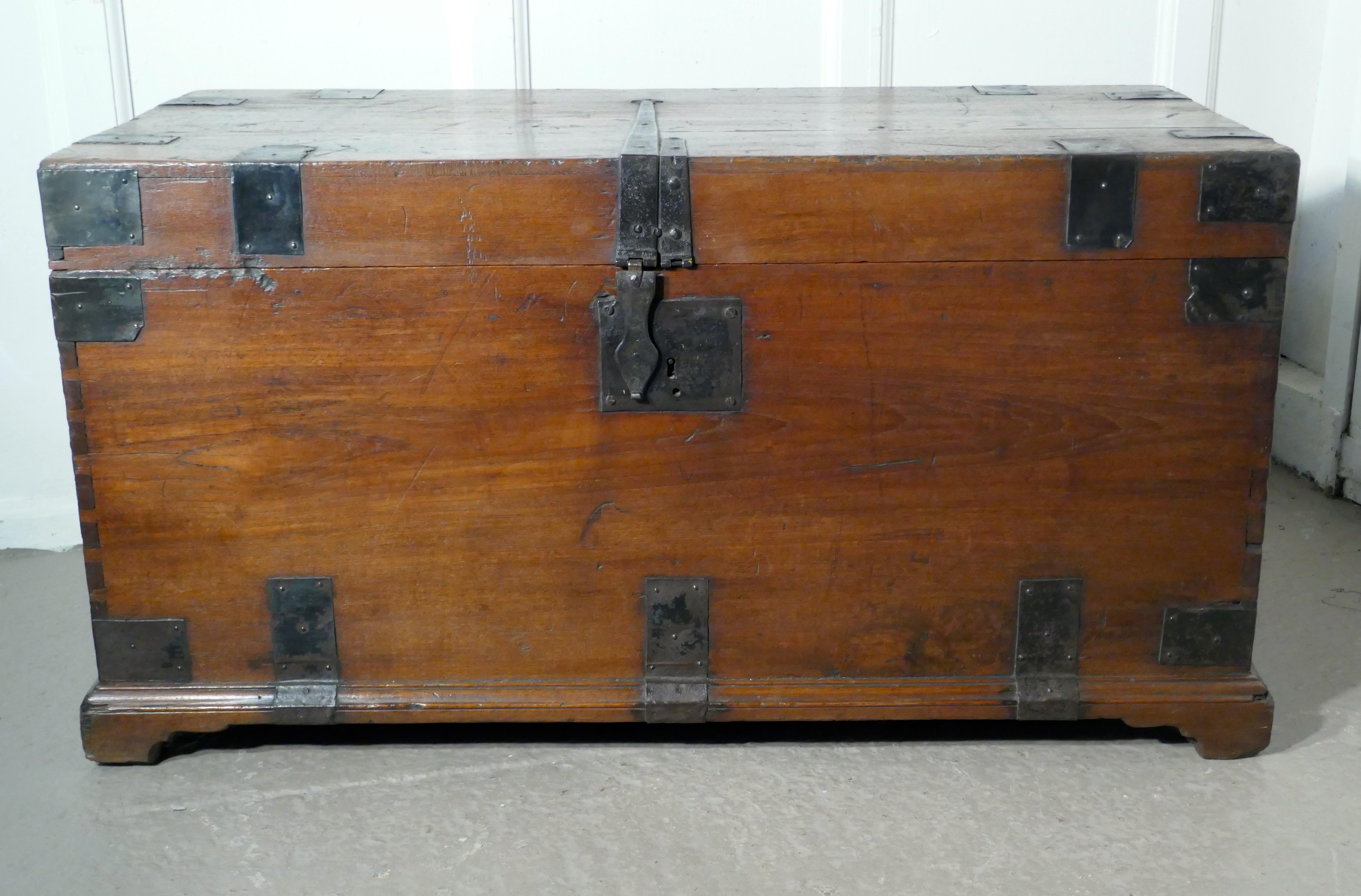 18th century heavy iron banded traveling silver sea chest

This lovely silver chest is vey heavy, it has iron banding to the corners, edges and base for added strength and security, it stands on small bracket feet
The chest has blacksmith made