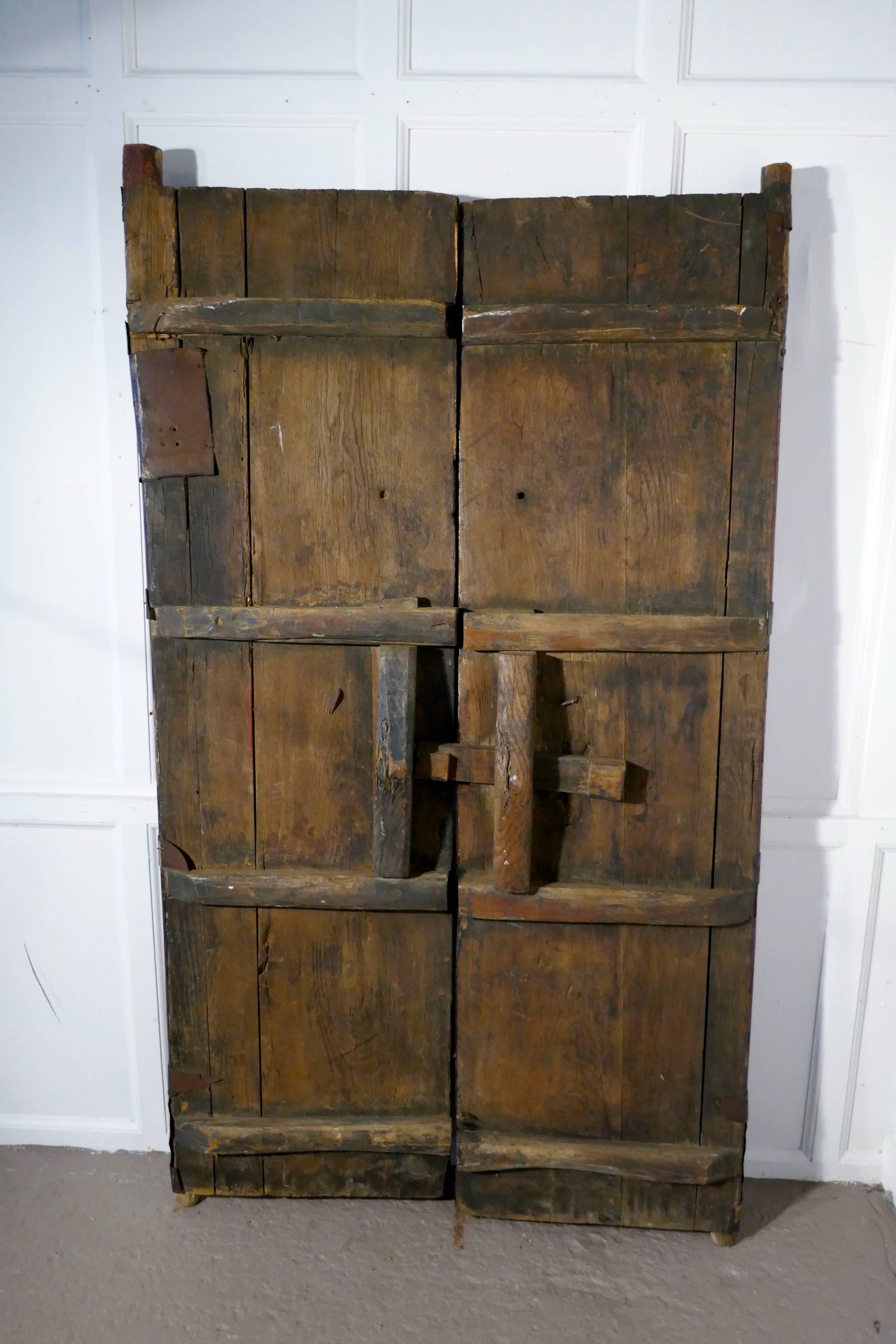 Brutalist 18th Century Heavy Painted Oak and Iron Oriental Doors