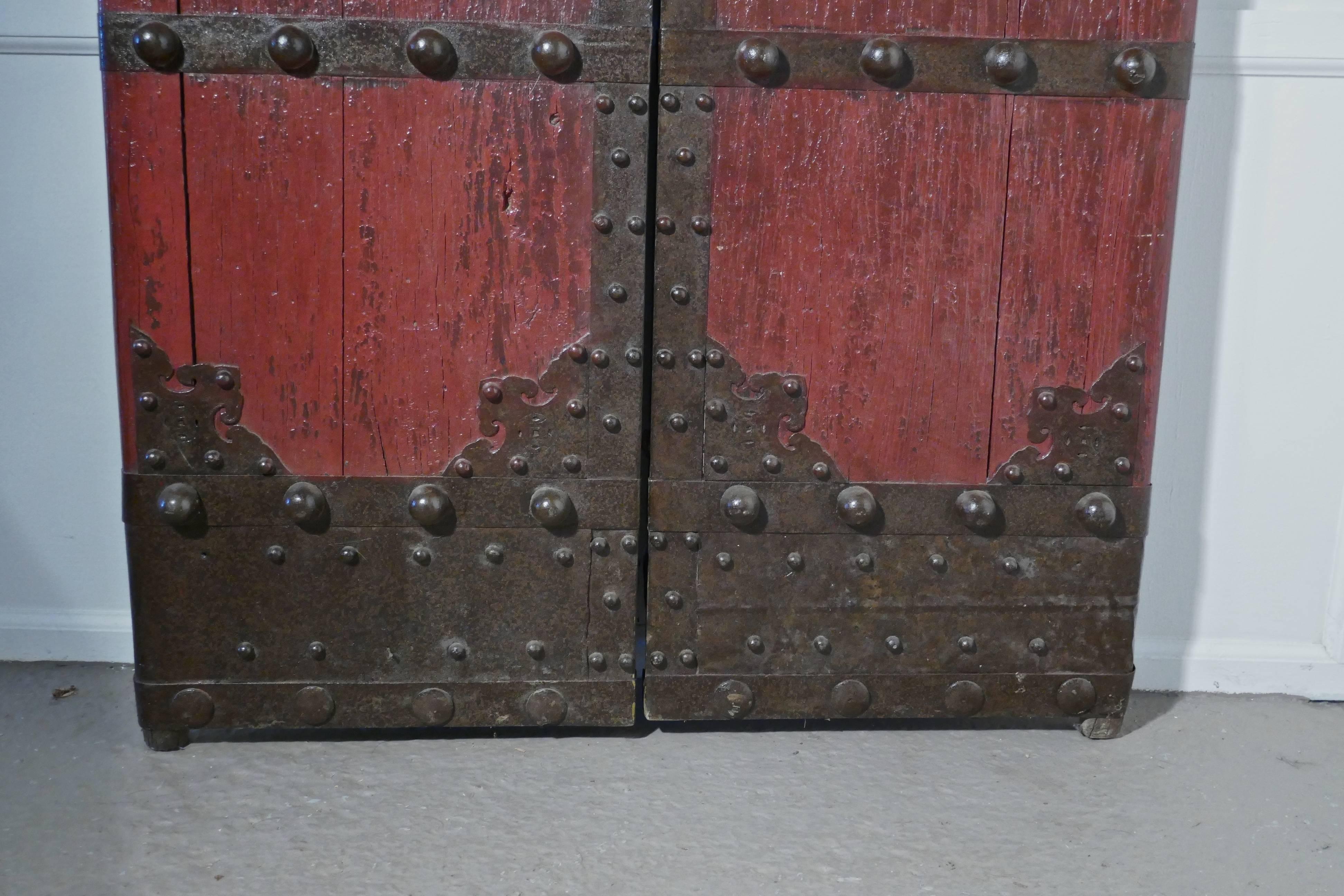 18th Century Heavy Painted Oak and Iron Oriental Doors 1