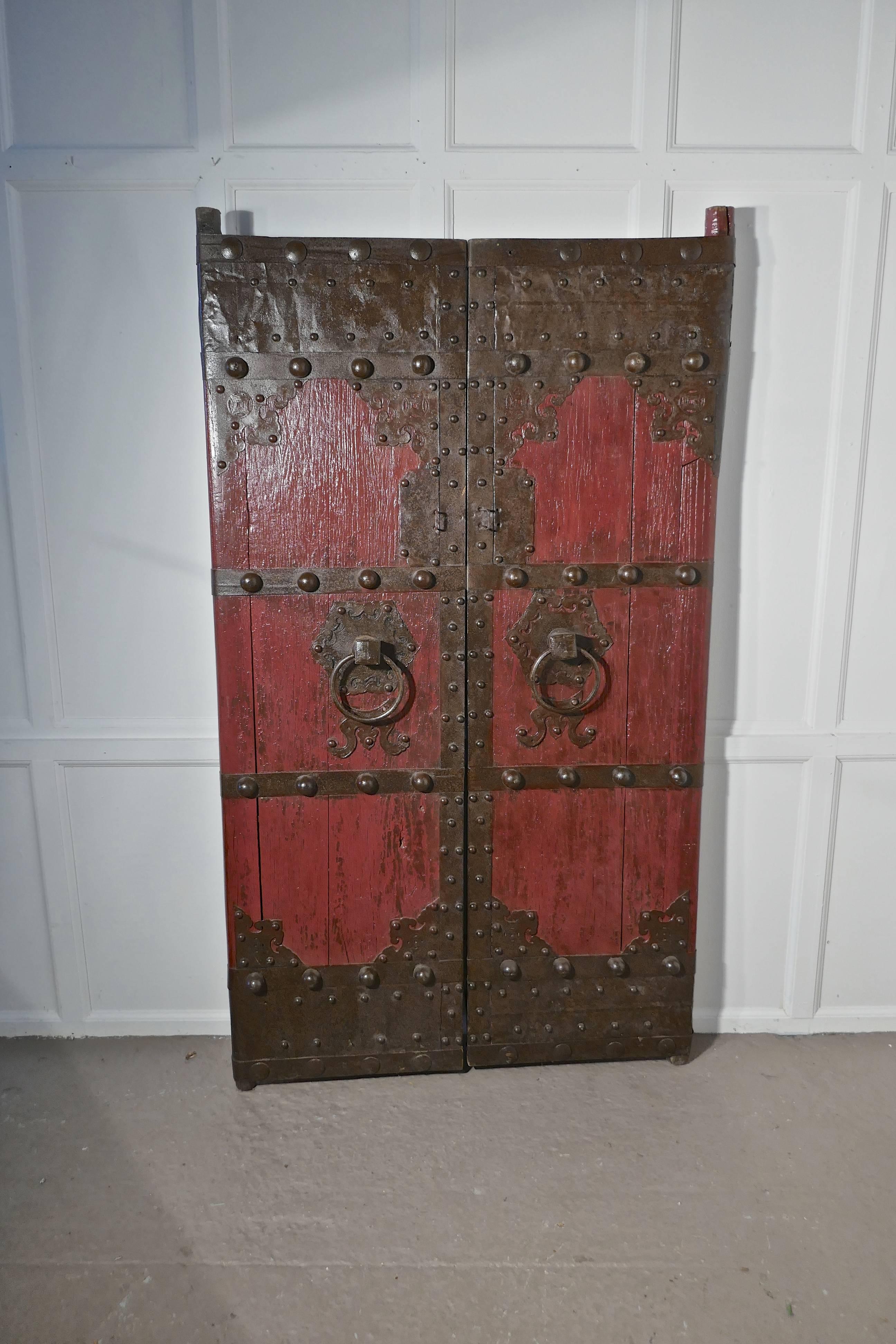 18th Century Heavy Painted Oak and Iron Oriental Doors 4
