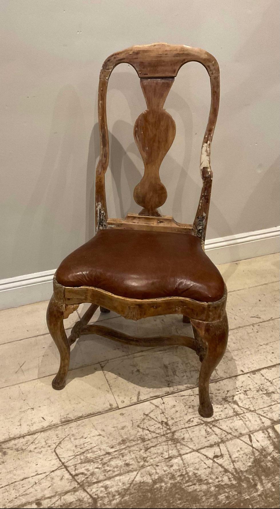 C18th Swedish Rococo chair with leather seat.
A handsome single high backed chair circa 1760 which has a simple understated well worn patina and leather drop in seat that’s been replaced over time.
Perfect for use as a desk chair or statement piece