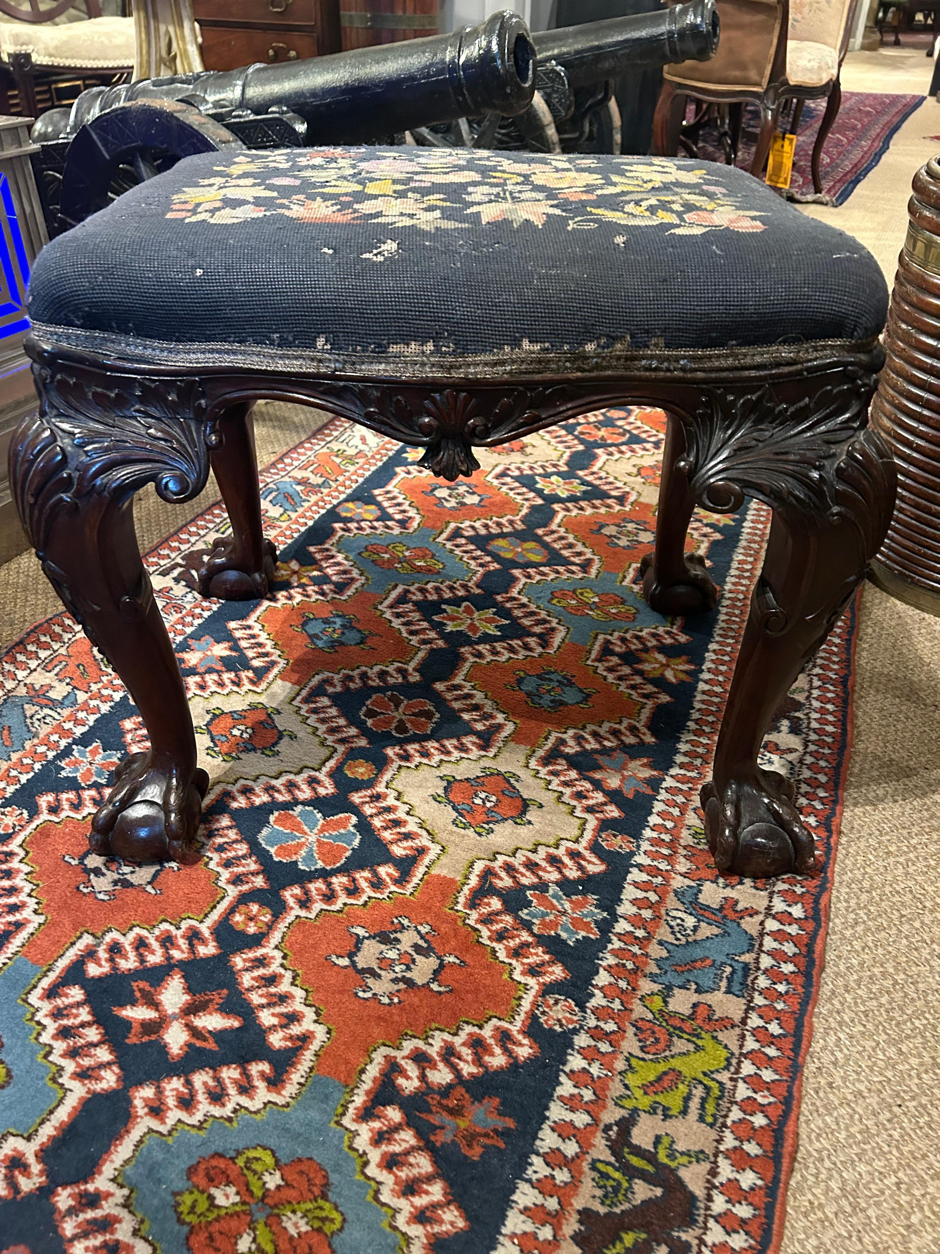 Embroidered 18th Century Highly Carved Irish Cabriole Leg Stool For Sale