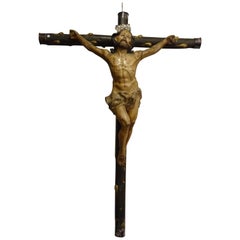 Antique 18th Hispanic Filipino Crucified  Christ  Carved Wood Sculpture 