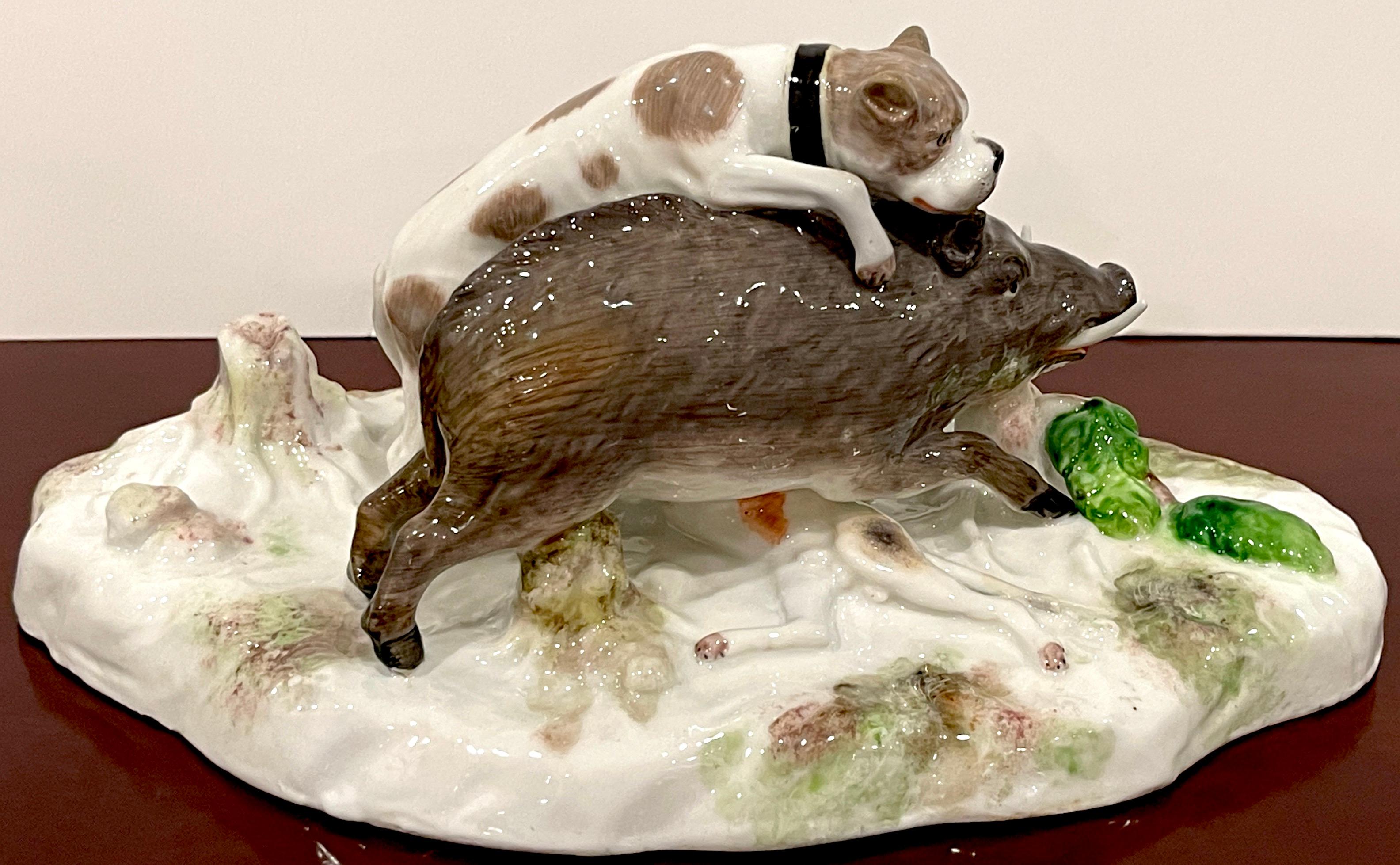 Hand-Painted 18th Century Höchst Porcelain Group 'Wild Boar with Dogs' For Sale