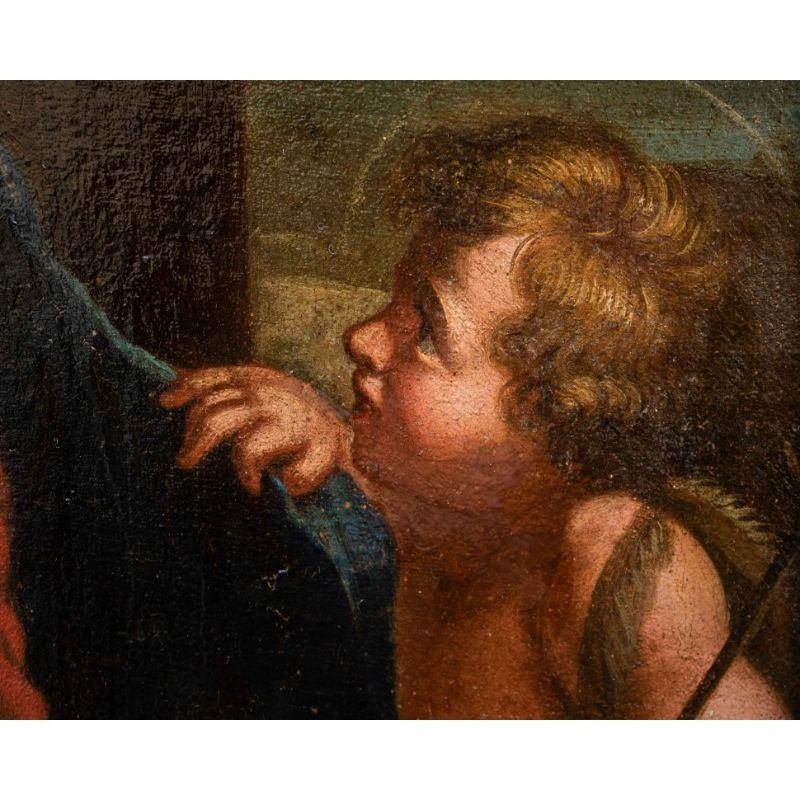 Oiled 18th Century Holy Family with San Giovannino Painting Oil on Canvas