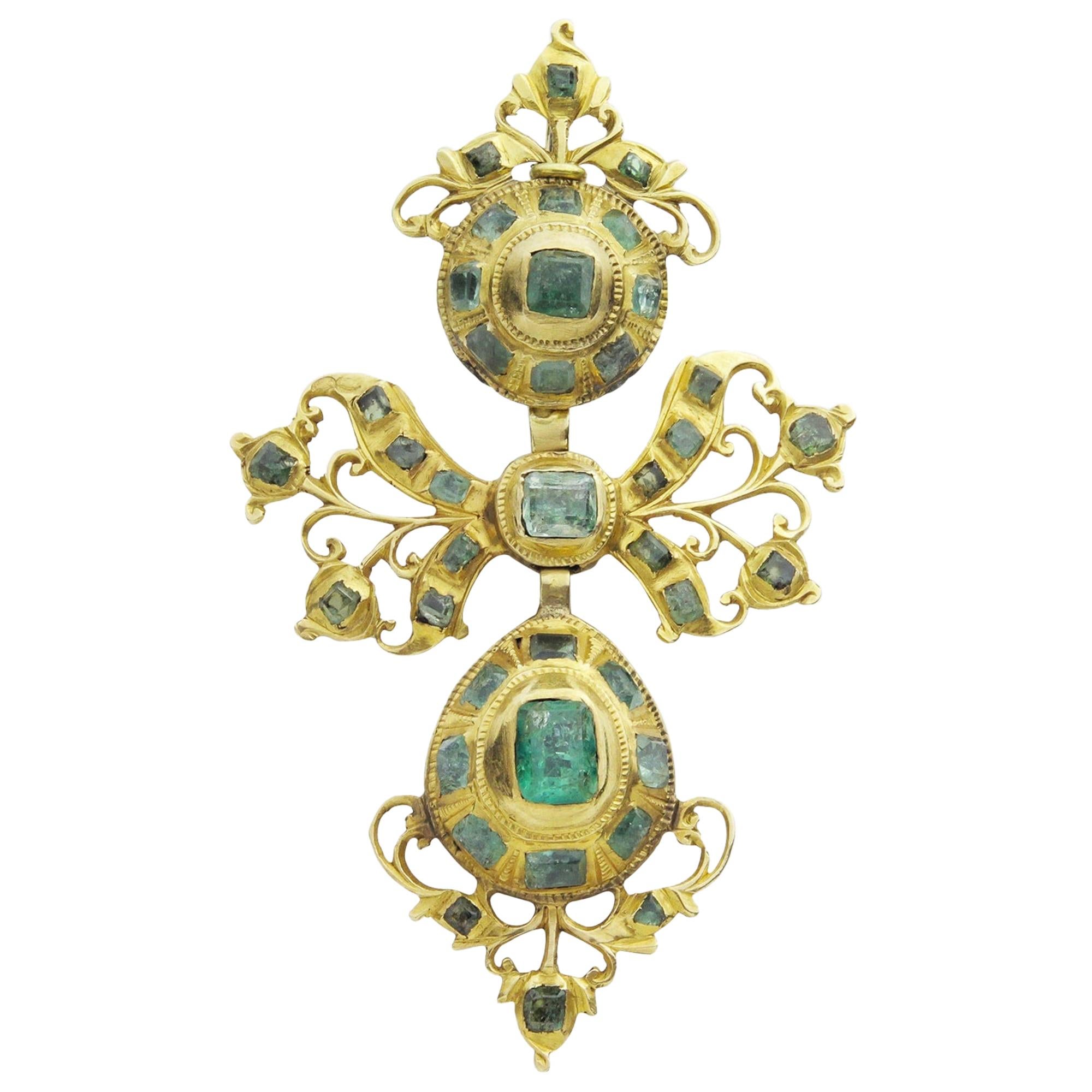 18th Century, Iberian 22 Karat Gold and Emerald Pendant