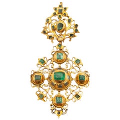 Vintage 18th Century Emerald 18K Gold Iberian Cross Pendant, Certified