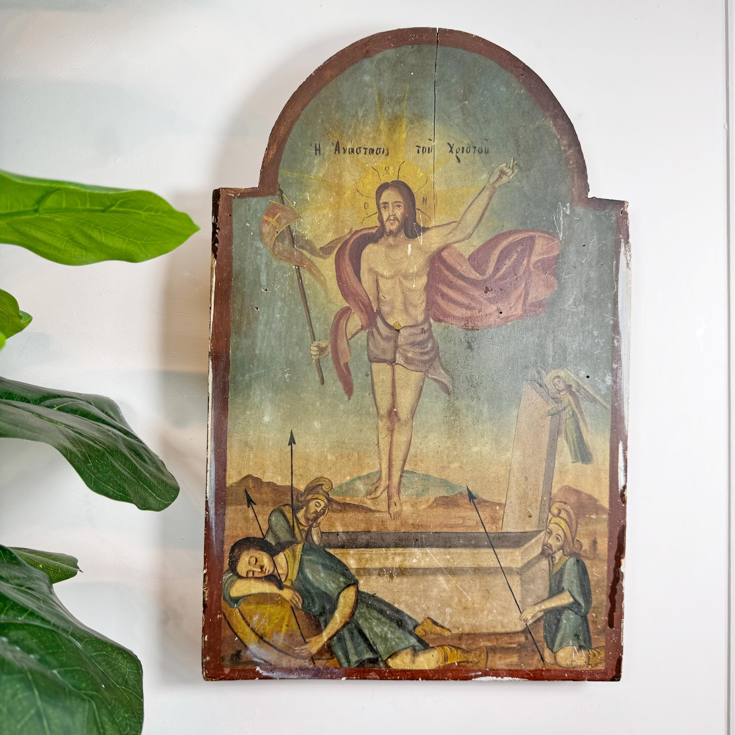 Glorieuse Icône sur panneau de chêne datant du 18ème siècle et représentant la Résurrection du Christ, cette Icône était originaire du Mont Athos a  montagne de la péninsule d'Athos, au nord-est de la Grèce. C'est un centre important du monachisme